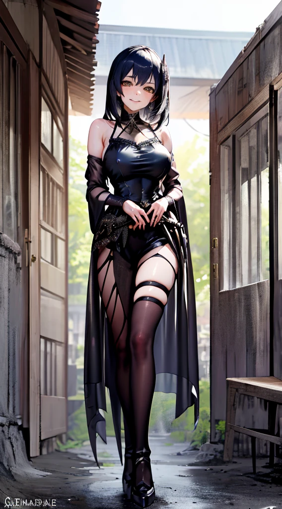 Kujou Sara | gothic version genshin impact, master-piece, bestquality, 1girls,25 years old, proportional body, proportional.,, black costume Dress, Long skirt, , ,bara, Standing in the middle of a banquet, outdoor, wedding, Tm beautiful, In a paradise of love and happiness........................., The bride wears a gothic Japanese dress and a seductive smile................ Bright and beautiful black lips, Holding it in her hands symbolizes the envelopment of love........................., Love and friendship through the transmission of flowers, In a paradise of love and happiness........................., wearing a masika..Thigh strap, Head tilt, bored, 10, 10, HD, slight smile,