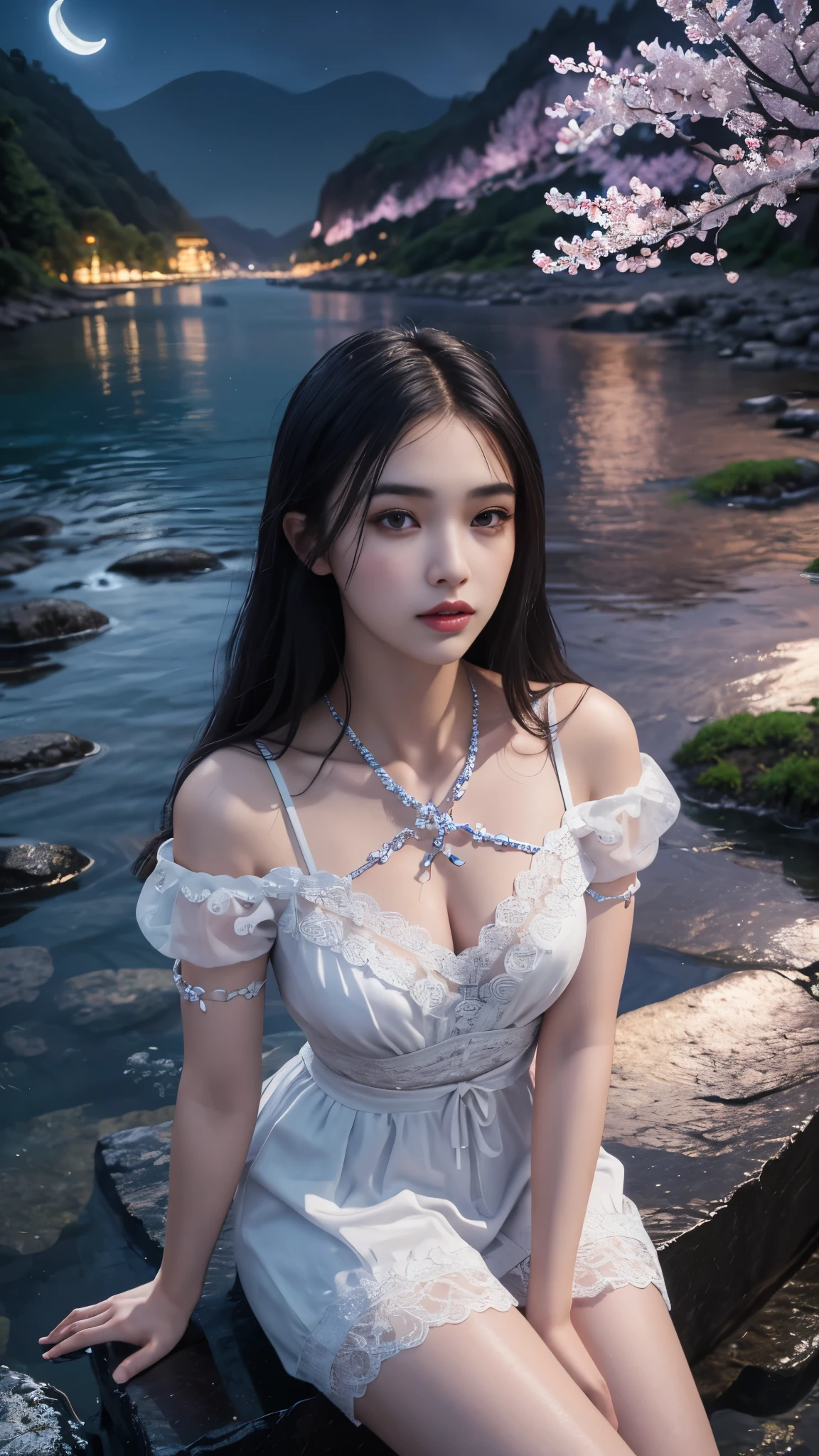 8K, ultra hd, masterpiece, 1 girl, ((18 years old girl)), good face, very long hair, detailed eyes, detailed lips, small breasts, detailed clothing, white clothing, ((criss-cross lace)), sardine, ornament, jewellery, antique jewellery, loops, straps, dim lighting, epic scenery, ((night scenery:1.5)), ((Realistic moon)), cherry blossom, beautiful, rain, flowers, butterfly, water reflection, RTX 4090, (unreal engine 5), ray tracing, bloom effect, front body, sitting,