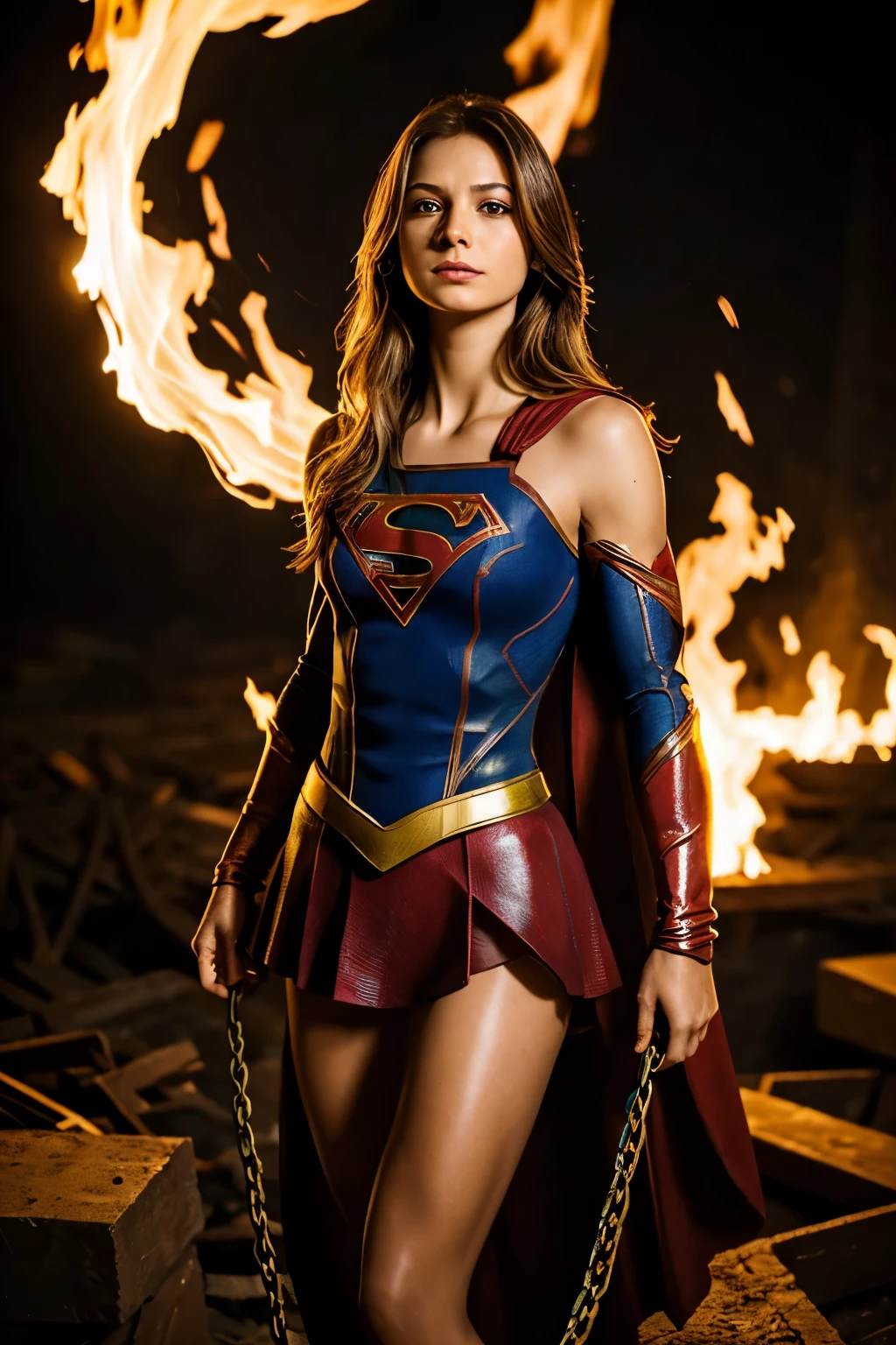 Supergirl, beautiful, many wounds, tied many chains of fire all over the body, original, shiny, sharp, masterpiece, much torn in clothes