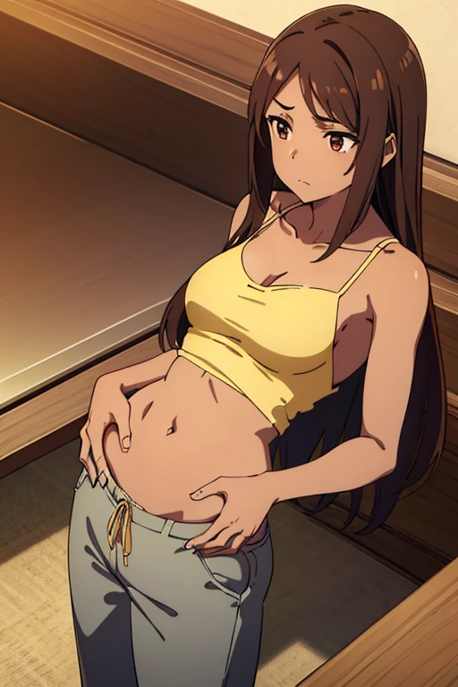 ((best quality)), ((masterpiece)), (detailed), perfect face, brown skin anime girl in a V Neck Spaghetti Strap Backless Cami Top, (trousers), famished in hunger, (gently resting hands on stomach), (long hair), (hands on her stomach)