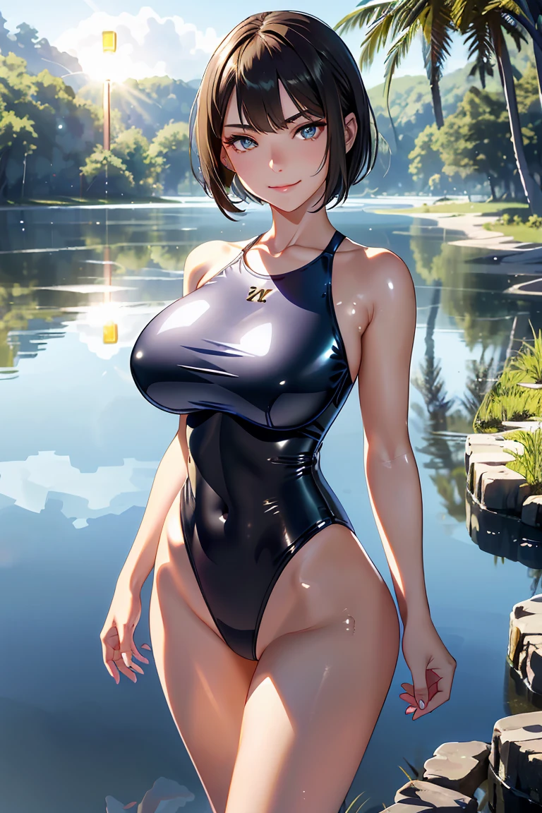 extremely detailed CG, super detailed skin, perfect , dynamic lighting, beautiful detailed eyes, (1girl:2), Outstanding smile、 teenage woman、Japanes、huge breast、short hair、(Shiny skin:1.4)、 pose, Esbian all over、(High leg swimsuit:1.2), (Reflection of light:1.4), High leg panties,