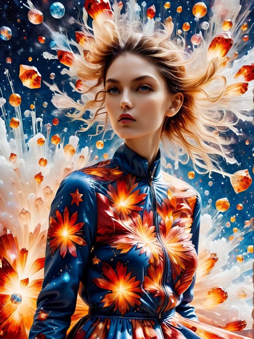 For Marie Claire, a model in a Valentino creation, her pose commanding, amidst the depiction of a supernova explosion. Asymmetrical composition by Andreas Gursky