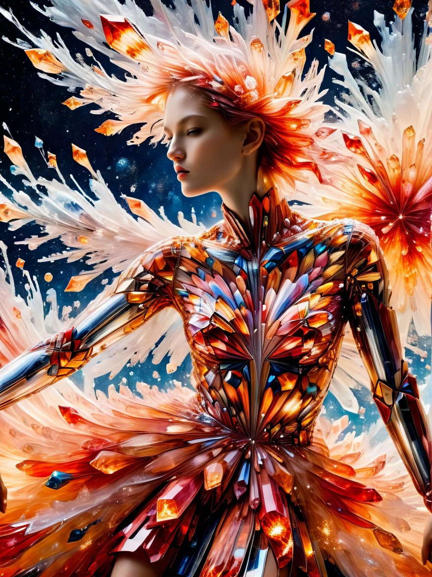 For Marie Claire, a model in a Valentino creation, her pose commanding, amidst the depiction of a supernova explosion. Asymmetrical composition by Andreas Gursky