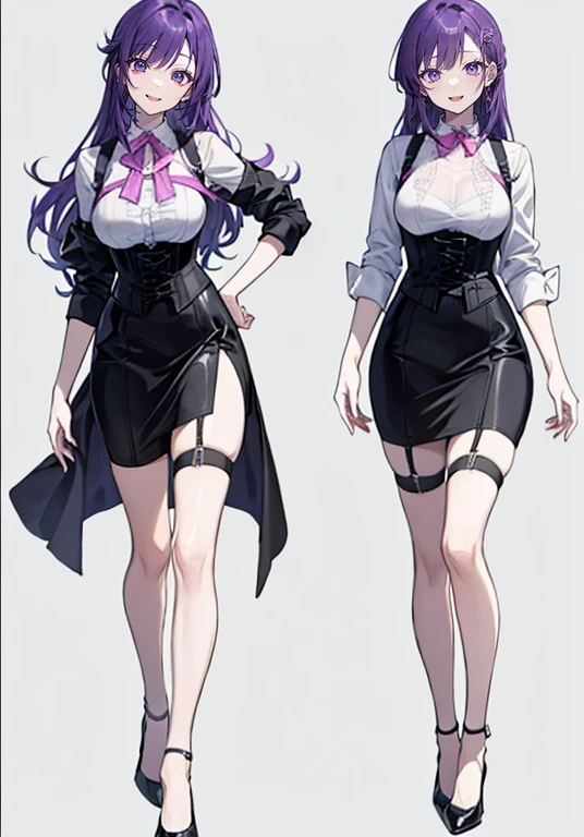 Purple hair,Long hair,Adult female,Bartender,((Body harness)),((Rolling up your sleeves shirt)),(Corset),(Tight skirt),Garter belt,High heels,((Simple background)),Smile,((Full body)),((whole body)),Character Sheet,