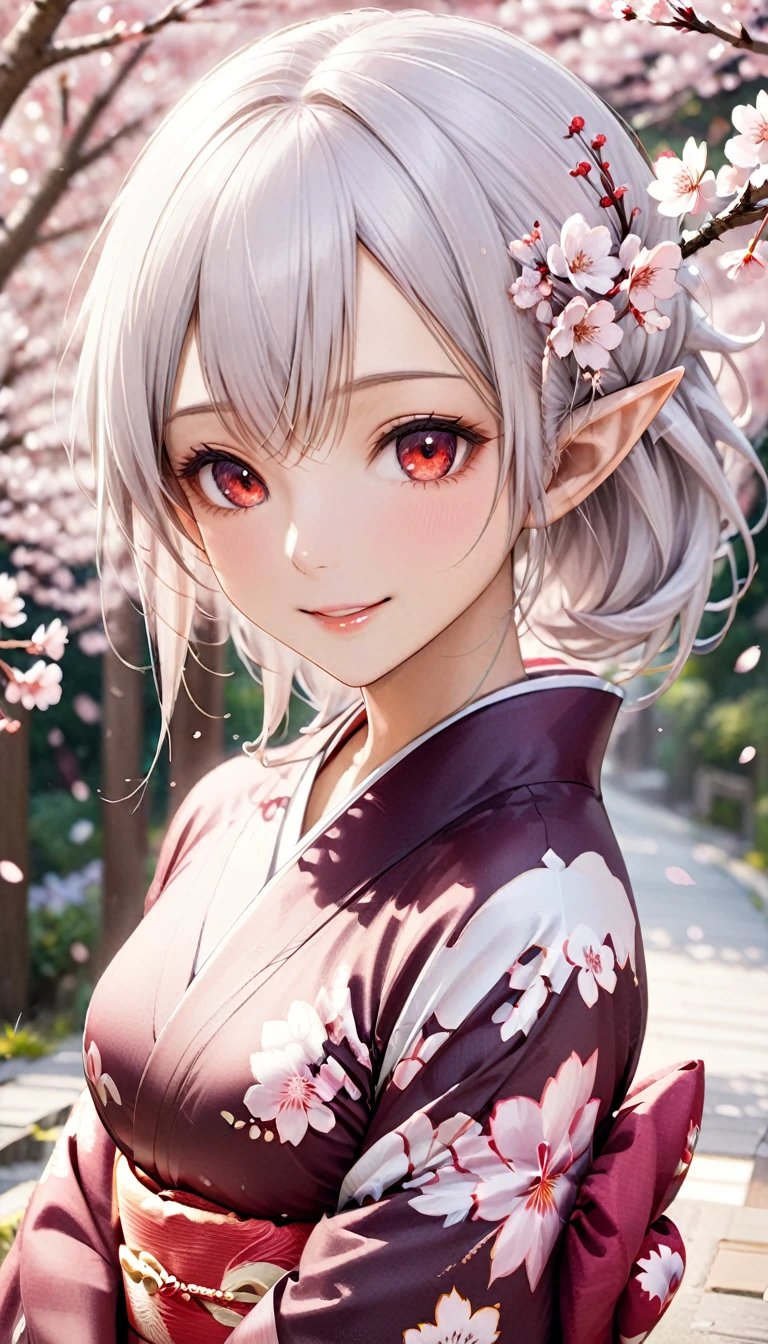 1 elf woman, tanned brown skin, beautiful silver hair, pointed ears, beautiful red eyes, Japanese kimono, cherry blossoms, upper body depiction, friendly smile, lips open, upper eyes, 8K,