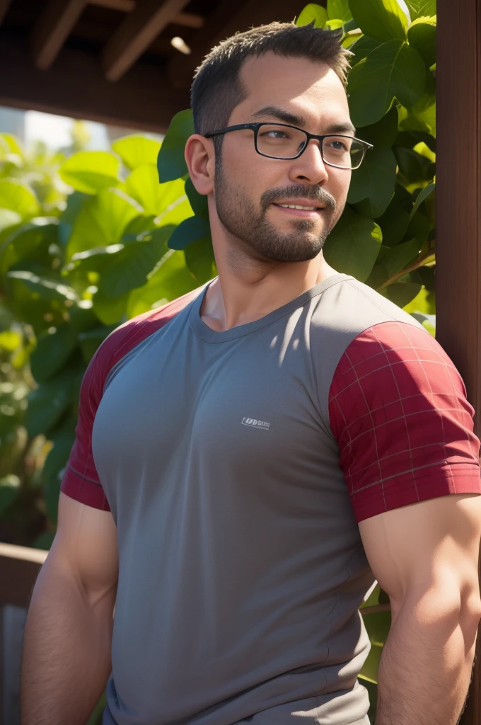 An award-winning original photo,A wild muscular man, (40 years old daddy:1.1), 1boy, Solo, (wearing red plaid shirt outside), (grey T-shirt inside), (big shoulders), musculature, stubbles, Short beard, Beautiful eyes:1.3, ), (Detailed face:1.3), wearing glasses, smiles, Dynamic Angle, volumetric lighting, (Best quality, A high resolution, Photorealistic), Cinematic lighting, Masterpiece, RAW photo, Intricate details, hdr, depth of field, upper body shot, George Pei,