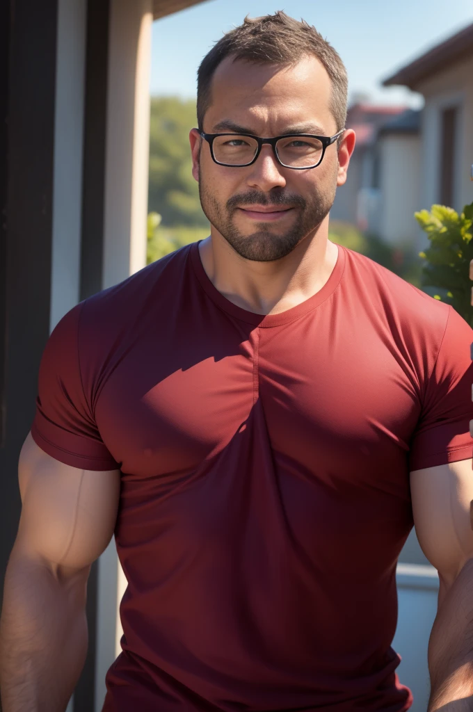 An award-winning original photo，A wild muscular man, (40 years old daddy:1.1), 1boy, Solo, (wearing red plaid shirt outside), (grey T-shirt inside), (big shoulders), musculature, stubbles, Short beard, Beautiful eyes:1.3, ), (Detailed face:1.3), wearing glasses, smiles, Dynamic Angle, volumetric lighting, (Best quality, A high resolution, Photorealistic), Cinematic lighting, Masterpiece, RAW photo, Intricate details, hdr, depth of field, upper body shot, George Pei,