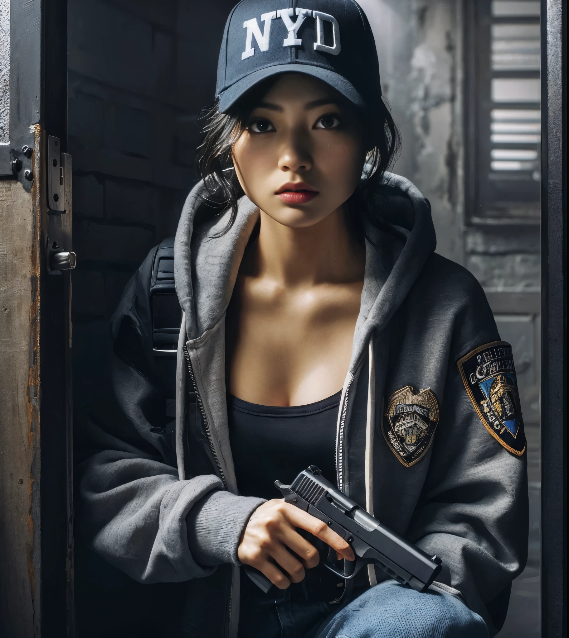 8K, realistic photo, r8K, realistic photo, realistic skin texture, アメリカ在住の美しい日本人woman捜査官、Nyｐｄ，Baseball Cap、Grey hoodie、Pistol、A１Flight jacket、Searching the suspicious room、Open the door and look around the room、Gunfight、Chino pants、sneakers、Dynamic pose、Be vigilant、decision、Innovative composition、woman、