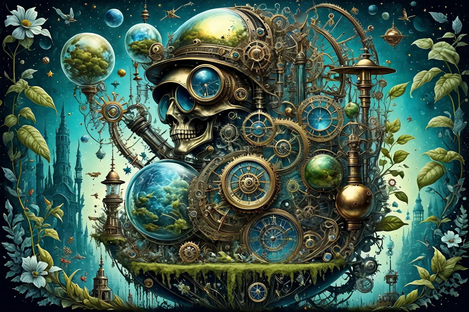 (best quality:1.5), (Hyperrealismus:1.3), (komplizierte emotionale Details:1.5), (ultra detailliert), (scharfer Fokus), (scharfe Details), detaillierte digitale Illustration eines [Dschungelplanet mit schwebender Flora:Astralebene mit schwebenden Inseln:0.5], Steampunk,  bl4ckl1ghtxl , BILDERLAND