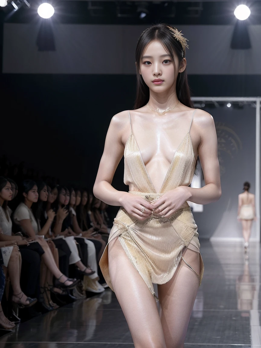 (8k, highest quality, ultra detailed:1.37), (Hana), 18yo, (a South Korean fashion model), struts confidently on the runway during a prestigious fashion week event. Naked, nude, shiny nipple, show armpit, Hana's elegance and poise captivate the audience. The high-resolution image captures ultra-detailed realism, highlighting Hana's captivating eyes, flawless complexion, and fashionable hairstyle. The glamorous runway and stylish set design add to the visual appeal, creating a visually stunning representation of Hana's success in the fashion industry.