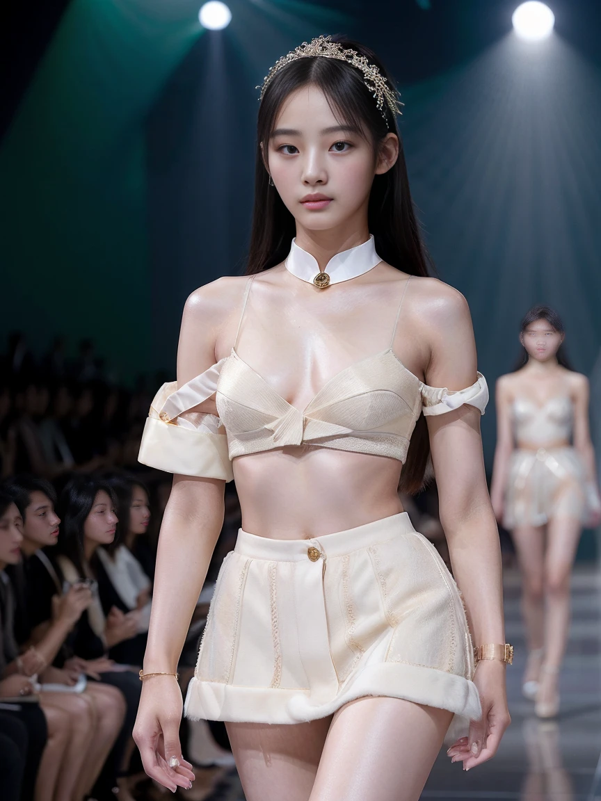 (8k, highest quality, ultra detailed:1.37), (Hana), 18yo, (a South Korean fashion model), struts confidently on the runway during a prestigious fashion week event. Naked, nude, shiny nipple, show armpit, Hana's elegance and poise captivate the audience. The high-resolution image captures ultra-detailed realism, highlighting Hana's captivating eyes, flawless complexion, and fashionable hairstyle. The glamorous runway and stylish set design add to the visual appeal, creating a visually stunning representation of Hana's success in the fashion industry.