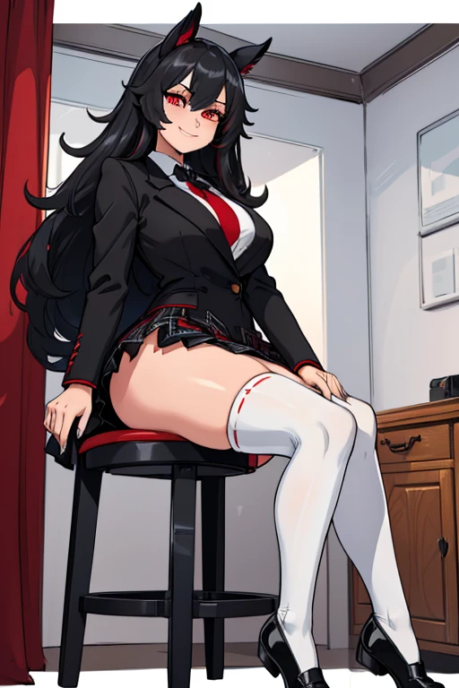 female, silver long hair with black highlights, red eyes, (((1girl))), (((red high school blazer with black trim))), (white shirt), (black tie), (black plaid skirt), (white thigh high socks), (black dress shoes), cute and sexy, full body, large breasts, large butt, long legs, smiling