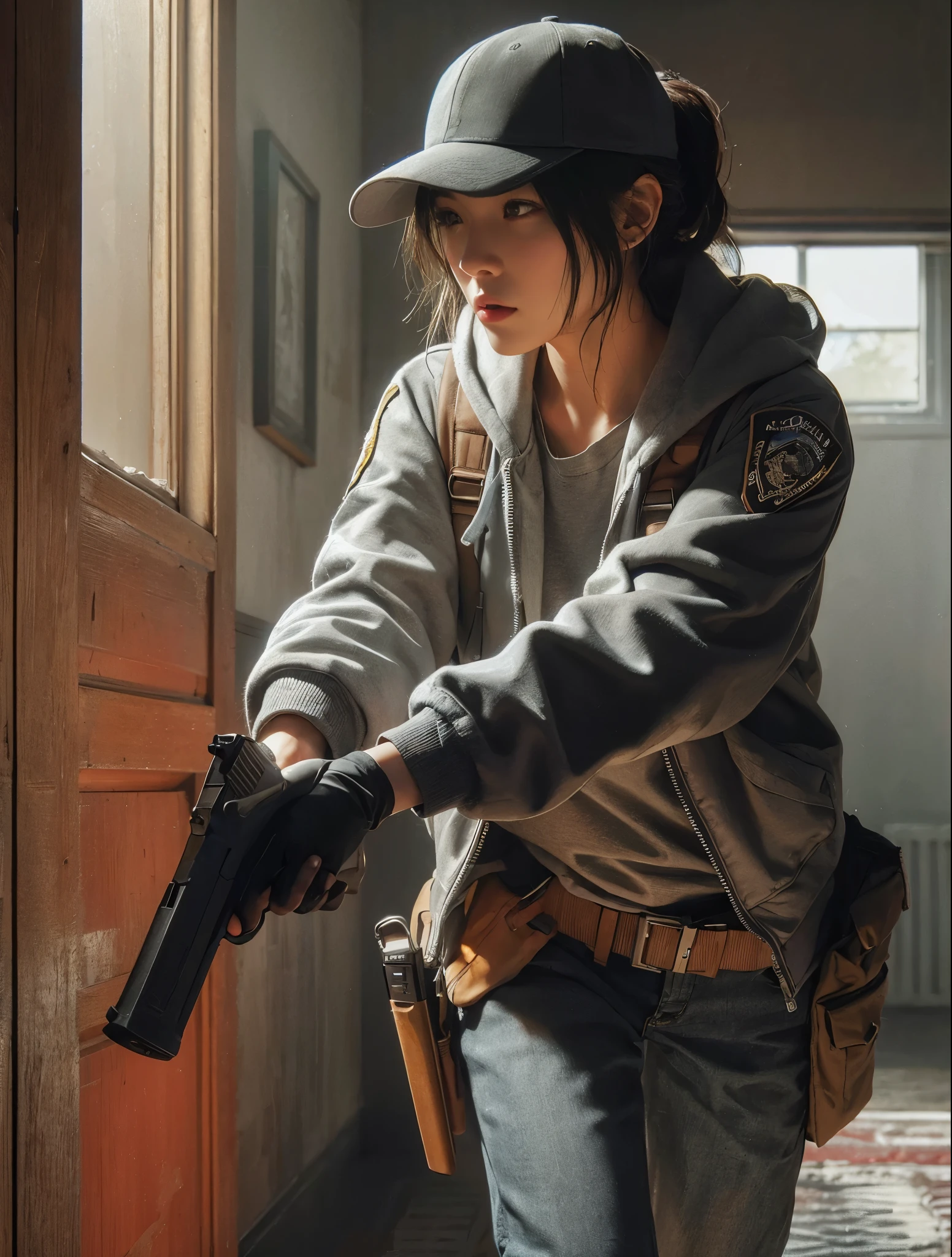 8K, realistic photo, r8K, realistic photo, realistic skin texture, アメリカ在住の美しい日本人woman捜査官、Nypd,Baseball Cap、Grey hoodie、Pistol、A1Flight jacket、Searching the suspicious room、Open the door and look around the room、Gunfight、Chino pants、sneakers、Dynamic pose、Be vigilant、decision、Innovative composition、woman、