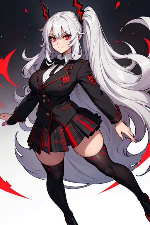 female, silver long hair with black highlights, red eyes, (((1girl))), (((red high school blazer with black trim))), (white shirt), (black tie), (black plaid skirt), (white thigh high socks), (black dress shoes), cute and sexy, full body, large breasts, large butt, long legs, smiling