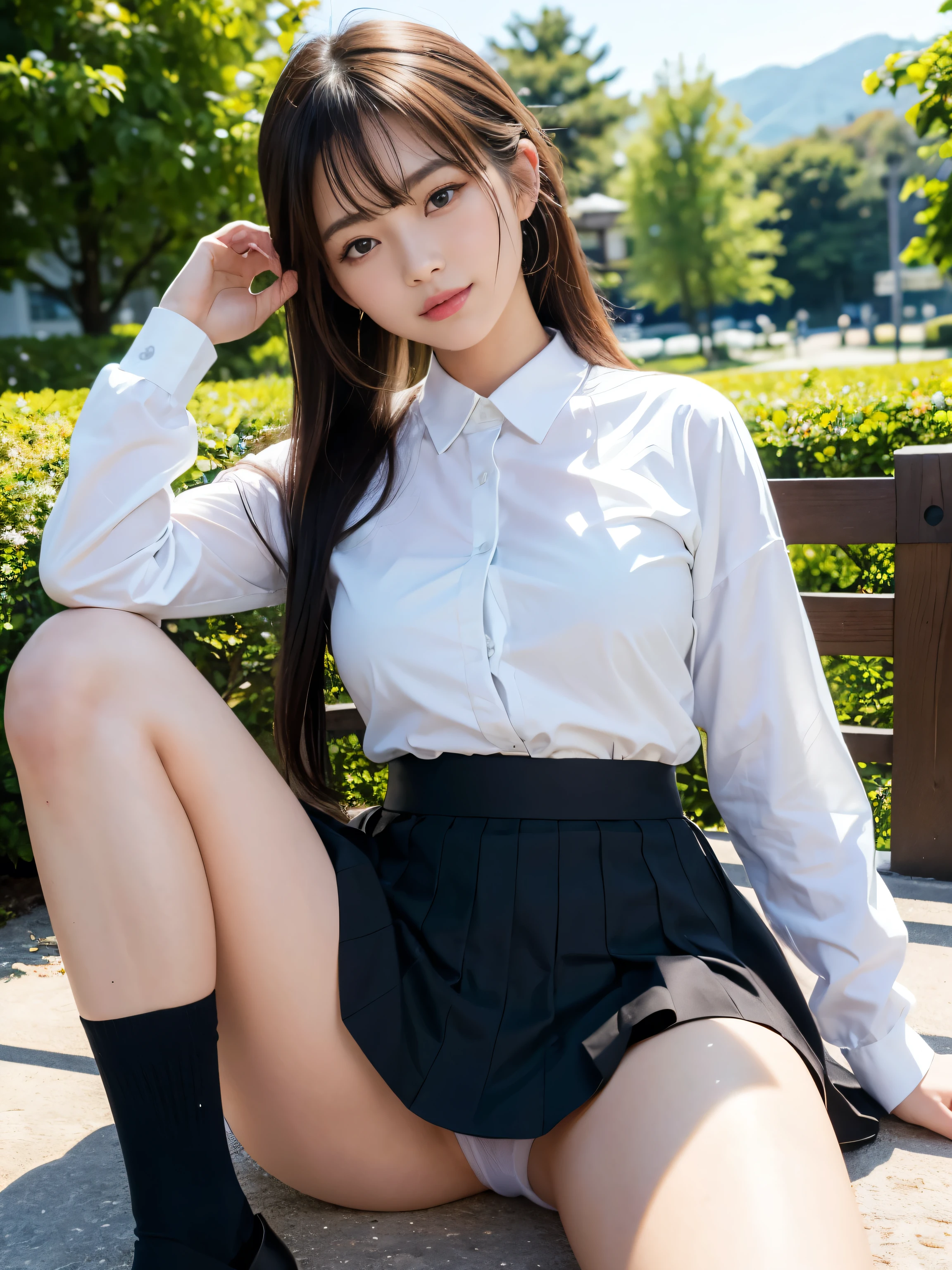 ultra highres,(reality: 1.4),highest quality, masterpiece, high detail, 16K quality, beautiful, 1 beautiful girl,japanese,super beautiful face,baby face,japanese idol face,cute face,super detailed face,detailed hand,beautiful skin,oily skin,big eyes,profeccional lighting,pony tail,brown hair,black beautiful eyes, big smile,sitting with knee up, (skirt lift),big breasts,cleavge,see through white shirt,ope button,(checked skirt),white panties,(showing panties),cameltoe,black high socks,spread legs, she is looking at the camera,park,blue sky, nsfw,from front,