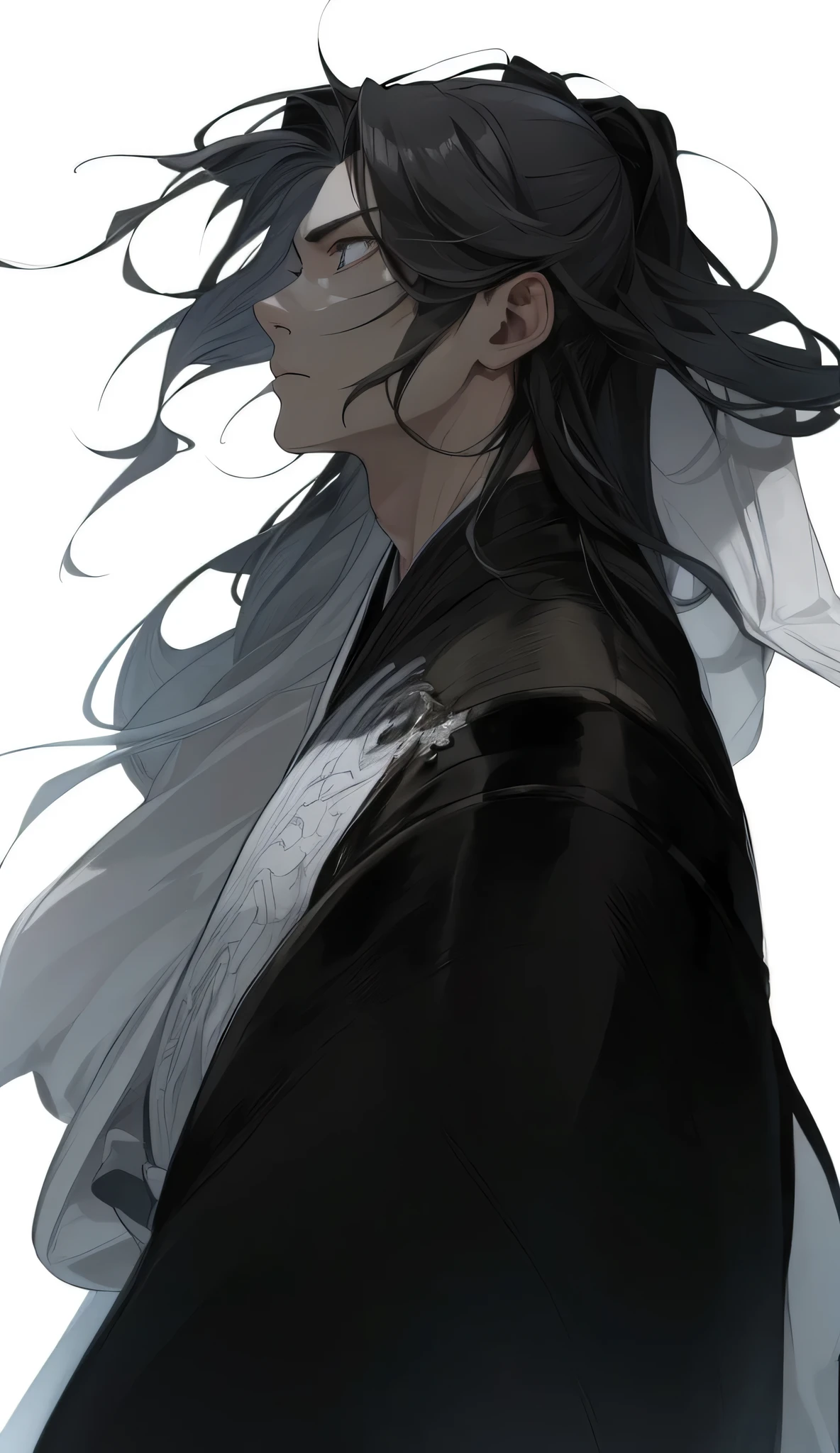 quadratic element,style of anime,mtu(Male Warrior),The proportions are correct,Face details,swordsmen,High ponytail hairstyle,Neck details,There is an Adam's apple,Black white suit,kaftan,long blue robes,clothes details,Handing over,longer sleeves,Game quality,Swordsmanship,Light and shadow tracking,Ray traching,detailed glow,cg render,hair detail,Blue long hair,blue colored eyes,Handsome,Handsome,(juvenile sense),Clothing is complicated,Perfectcomposition,Refinement,high qulity,higher details,Lots of details,The background is white,a sense of atmosphere,