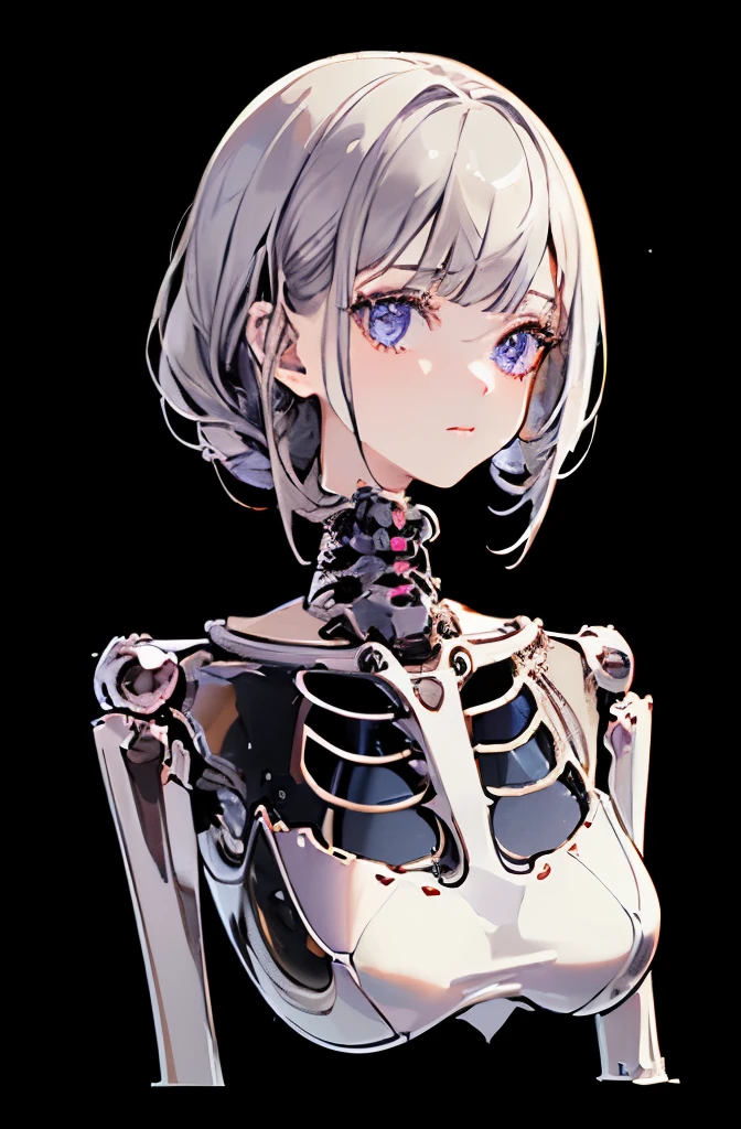 Top quality、masterpiece、Ultra-high resolution、(Photorealistic:1.4)、original photo、1 girl、Black Hair、((Below the neck、There is a fully mechanical skeleton without skin:1.4))、(((Colorless transparent latex,Shaped like a charming woman,Covered with machine body:1.4)))、((Ultra-realistic details))、porch、Global Illumination、shadow、Octan Rendering、8K picture quality、Super sharp、((All machine metals are mirror-plated silver.:1.4))、Complex decorative mechanical skeleton details、Blood vessels in the tube、Extremely complex details、realistic light、CG social trends、Purple Eyes、Radiant eyes、face camera、Neon details、Machine Limbs、Mechanical spine、Mechanical neck、Sit on it、Wires and cables to the head、Gundam、Small LED lights、(Purple light behind)、