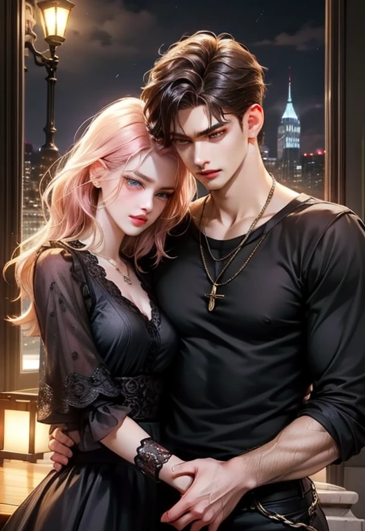 masterpiece, top-quality, 2Others, Male and female couples, 1 man and 1,, Adults, Height difference, different fashion, different color, finely eye and detailed face, intricate detailes, Chillclothing, Oversized T-shirt, Black T-shirt, Modern urban streets, Hands on back, A smile, Happiness, tenderness, high-level image quality、 beautiful male、tall、hug from behind、Trying to kiss、nighttime scene、𝓡𝓸𝓶𝓪𝓷𝓽𝓲𝓬、Korean Male, Idol Photos, k pop, Professional Photos, Vampires, Korean fashion in black and white, Man with a necklace, inspired by Sim Sa-jeong, androgynous vampire, :9 detailed face: 8, extra detailed face, detailed punk hair, ((asa)) baggy eyes, Seductive. Highly detailed, semi realistic anime, Vampires, hyperrealistic teen, delicate androgynous prince, imvu, short hair above the ears, Man with short hair, Woman with pink wavy long hair, A man with a glaring expression and a woman with a gentle expression, With a short-haired man with bright ash brown hair, Woman with pretty long pink hair, Woman with Big tits, Woman big tities.
