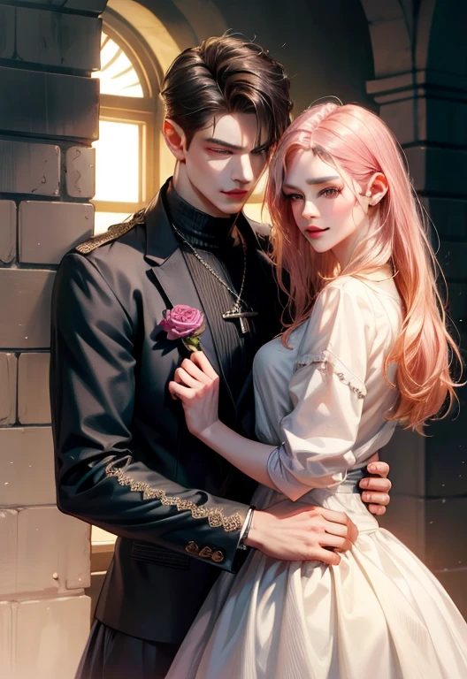 masterpiece, top-quality, 2Others, Male and female couples, 1 man and 1,, Adults, Height difference, different fashion, different color, finely eye and detailed face, intricate detailes, Chillclothing, Oversized T-shirt, Black T-shirt, Modern urban streets, Hands on back, A smile, Happiness, tenderness, high-level image quality、 beautiful male、tall、hug from behind、Trying to kiss、nighttime scene、𝓡𝓸𝓶𝓪𝓷𝓽𝓲𝓬、Korean Male, Idol Photos, k pop, Professional Photos, Vampires, Korean fashion in black and white, Man with a necklace, inspired by Sim Sa-jeong, androgynous vampire, :9 detailed face: 8, extra detailed face, detailed punk hair, ((asa)) baggy eyes, Seductive. Highly detailed, semi realistic anime, Vampires, hyperrealistic teen, delicate androgynous prince, imvu, short hair above the ears, Man with short hair, Woman with pink wavy long hair, A man with a glaring expression and a woman with a gentle expression, With a short-haired man with bright ash brown hair, Woman with pretty long pink hair, Woman with Big tits, Woman big tities.