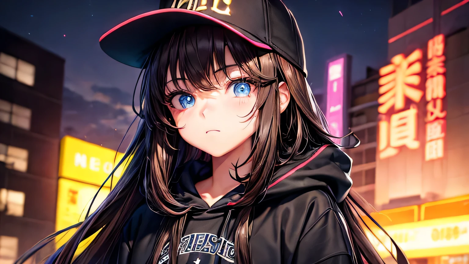 One girl、15 years old、Long Hair、Brown Hair、large black hoodie、midnight、neon street、neon、Baseball cap、Detailed, high-quality, flawless facial expression、Detailed, high quality and perfect eye depiction、Detailed, high quality and perfect costume depiction、