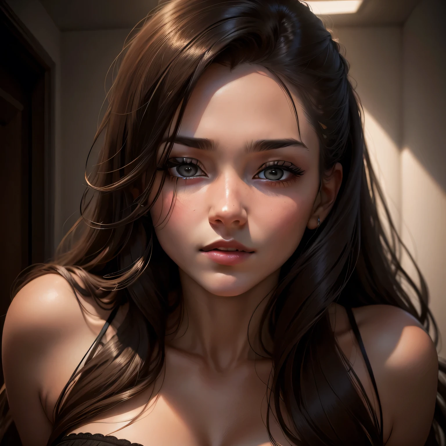 Amazing portrait of a close up shot of a seductive and alluring woman with a beautiful face who is stealthily concealed in a confined closet with the viewer evoking a sense of danger and secrecy illuminated by a tantalizing sliver of light seeping through a narrow gap.