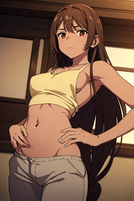 ((best quality)), ((masterpiece)), (detailed), perfect face, brown skin anime girl in a V Neck Strap Backless Cami Top, (trousers), famished in hunger, (gently resting hands on stomach), (long hair), (hands on her stomach)