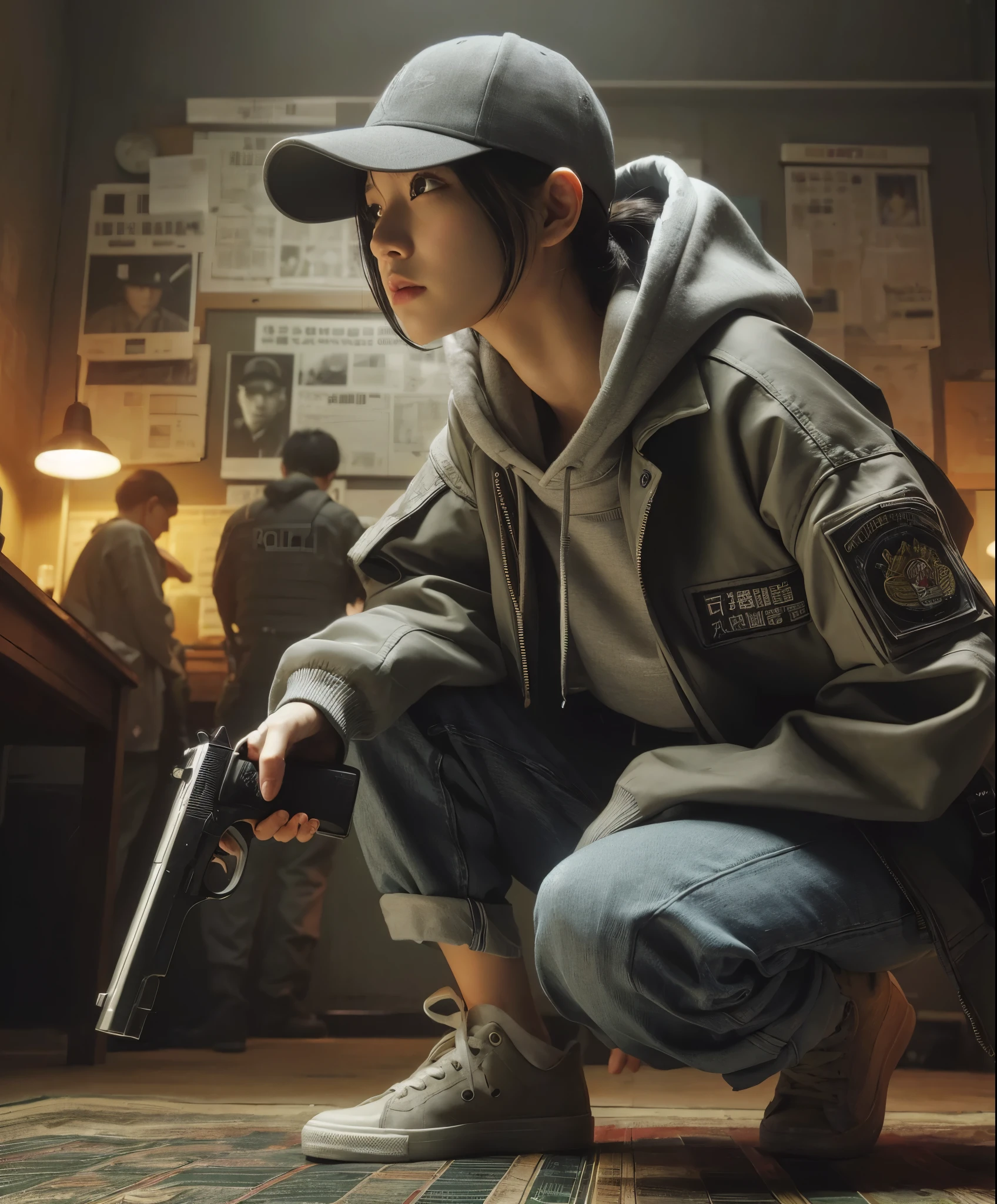 8K, realistic photo, r8K, realistic photo, realistic skin texture, アメリカ在住の美しい日本人woman捜査官、Nypd,Baseball Cap、Grey hoodie、Pistol、A1Flight jacket、Searching the suspicious room、Open the door and look around the room、Gunfight、Chino pants、sneakers、Dynamic pose、Be vigilant、decision、Innovative composition、woman、