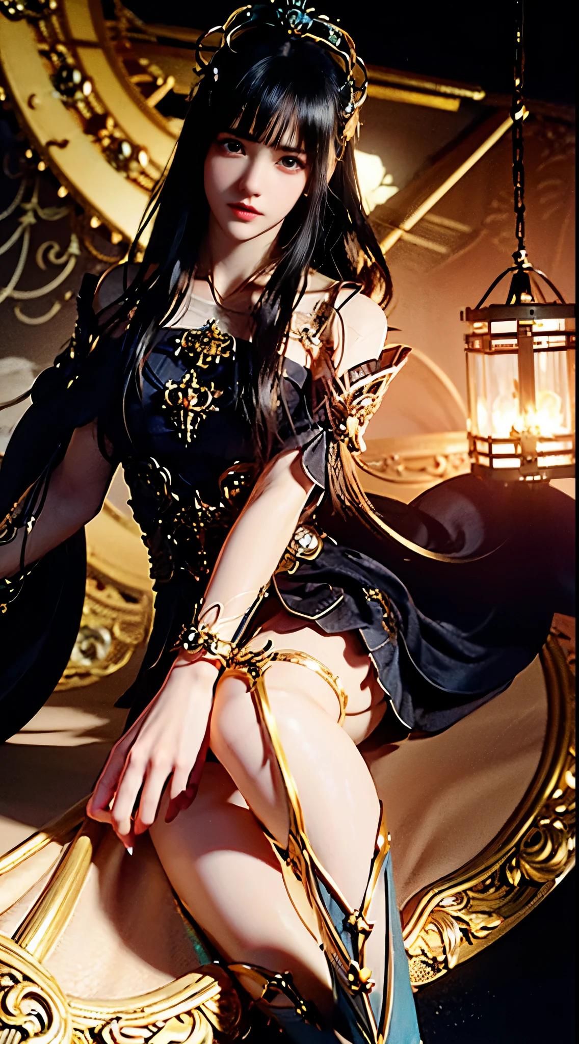 Magical Girl. so beautiful34-year-old, (((masterpiece, highest quality, RAW Photos, Realistic, Depth of written boundary, Super detailed, Detailed face, Very accurate eyes))), Dynamic action poses, Activate magic, Mechanical Magic Weapon, very slender length legs, Above the knee lace stockings, Steampunk Headgear, Fluttering lace flare mini skirt, Off-the-shoulder fashion that combines steampunk and gothic lolita with attention to detail, Beautiful small breasts, (((Thick bangs))), (((Princess Cut))), Very slender body, length, Thin limbs, Clean length Black hair, length vertical curly hair, Wind powered, Futuristic complex steampunk factory background, infinite dark universe, Flying objects, Countless celestial neon lights pouring down from the sky, Movie lighting decoration.