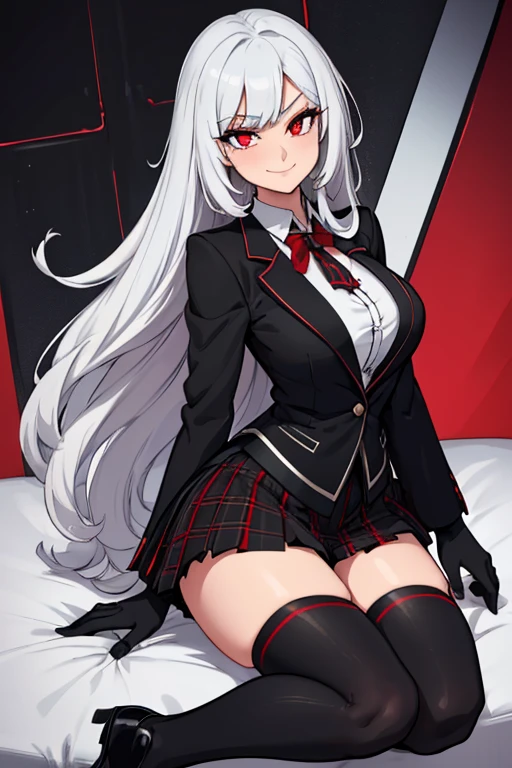 female, silver long hair with black highlights, red eyes, (((1girl))), (((red high school blazer with black trim))), (white shirt), (black tie), (black plaid skirt), (white thigh high socks), (black dress shoes), cute and sexy, full body, large breasts, large butt, long legs, smiling