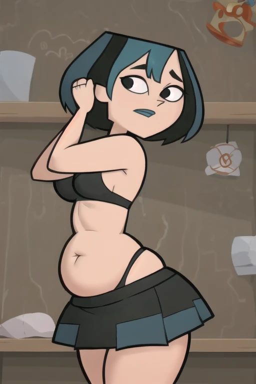 (8k, RAW photo, best quality, masterpiece:1.2), (intricate details), perfect eyes, perfect face, perfect lighting, beautiful, (masterpiece:1.2), (best quality:1.2), 1girl, cartoon style, gwentdi, solo, black eyes, face portrait, look at the viewer, potbelly, plump, chubby, big belly, giant belly, huge belly, round belly, obese, very fat, chubby belly rolls, belly hang, miniskirt, exposed navel, side profile, butt