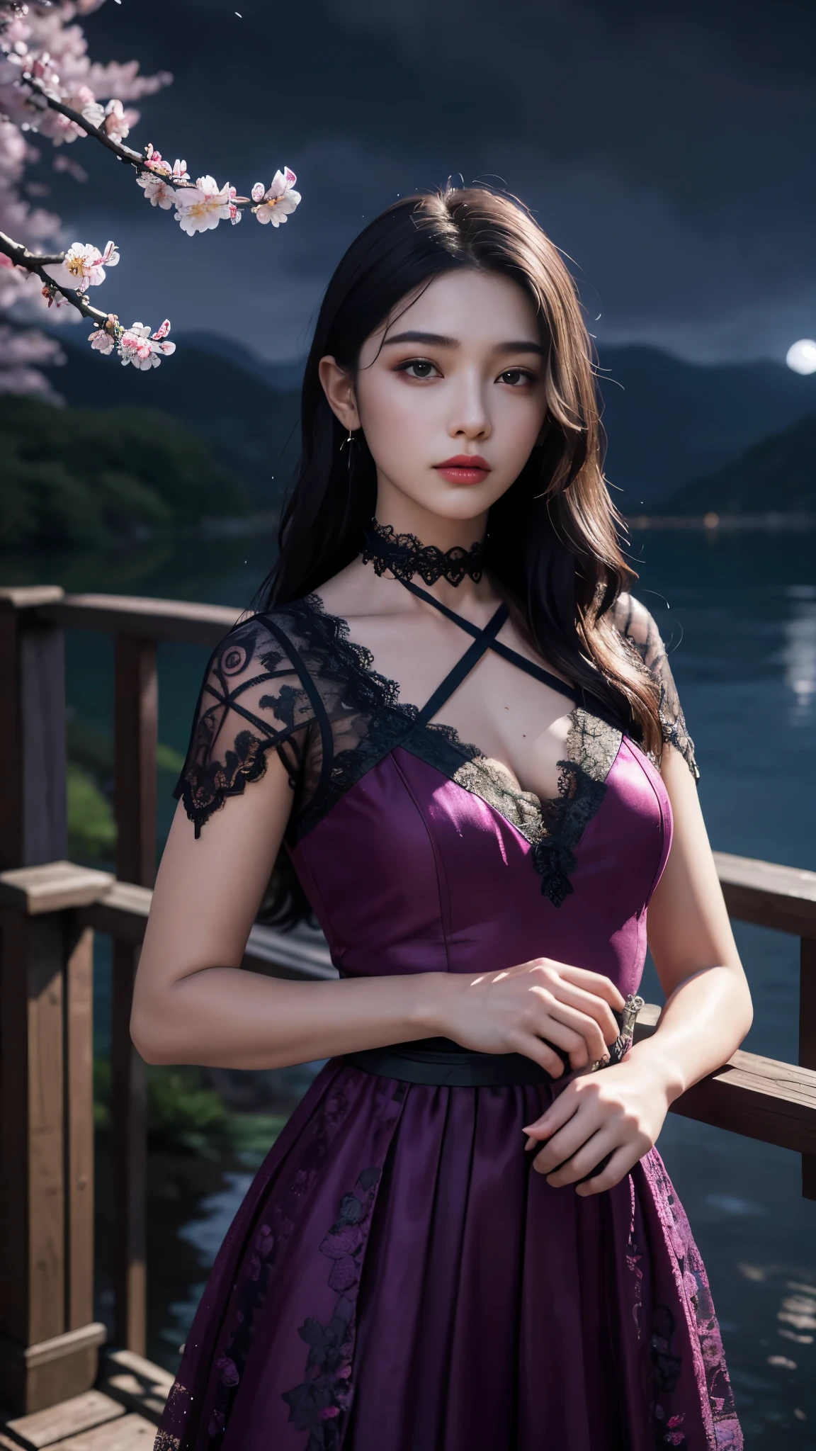 8K, ultra hd, masterpiece, 1 girl, ((18 years old girl)), good face, very long hair, detailed eyes, detailed lips, small breasts, detailed clothing, magenta clothing, ((criss-cross lace)), sardine, ornament, jewellery, antique jewellery, loops, straps, dim lighting, epic scenery, ((night scenery:1.5)), ((Realistic moon)), cherry blossom, beautiful, rain, flowers, butterfly, water reflection, RTX 4090, (unreal engine 5), ray tracing, bloom effect, front body,