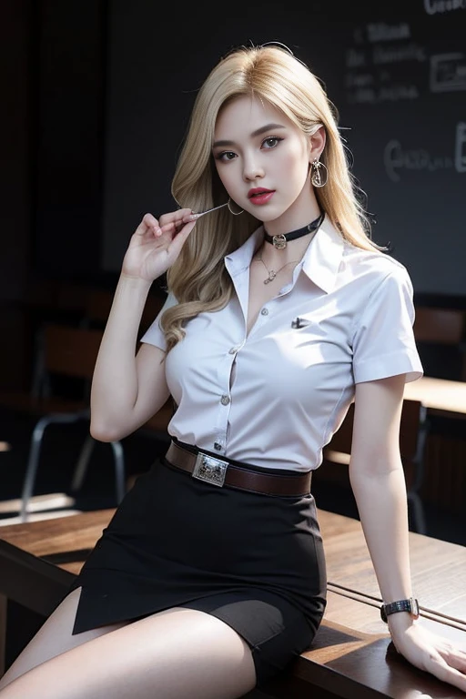 (8K,high resolution,Masterpiece, best quality, alone, complicated details, Chromatic aberration), realistic, ((Moderate breath)), hair in one eye,purple eyes, round hoop earrings, sharp eyes, Diamond-encrusted choker, (symmetrical eyes),(Perfect symmetrical body),Photo of a beautiful 21 year old teenage girl,(fit the body), ,Beautiful and charming with contemporary fashion paintings as well...., looking at the audience, ((In the background of a large classroom)), (black short skirt), ((The young woman wore a form-fitting white short-sleeved shirt., Unbuttoning the buttons, Revealing a little breast..)), ((A short black pencil skirt with a deep slit on the side..)), belt, ((Put your hands down.)),Blonde hair, Bob, long hair, Lateral smoothness,,copper blonde hair, sit, sharp eyeliner, Eye shadow blush with thick eyelashes, Very delicate and beautiful, round chin, Sharp focus, elegant,sitบนโต๊ะเรียน ยกขาข้างหนึ่งขึ้นให้อยู่ในระดับสายตา, The legs are slightly separated..,dynamic gesture,((Top the shirt with a crisp blue lab coat that doesn't reach your hips.))