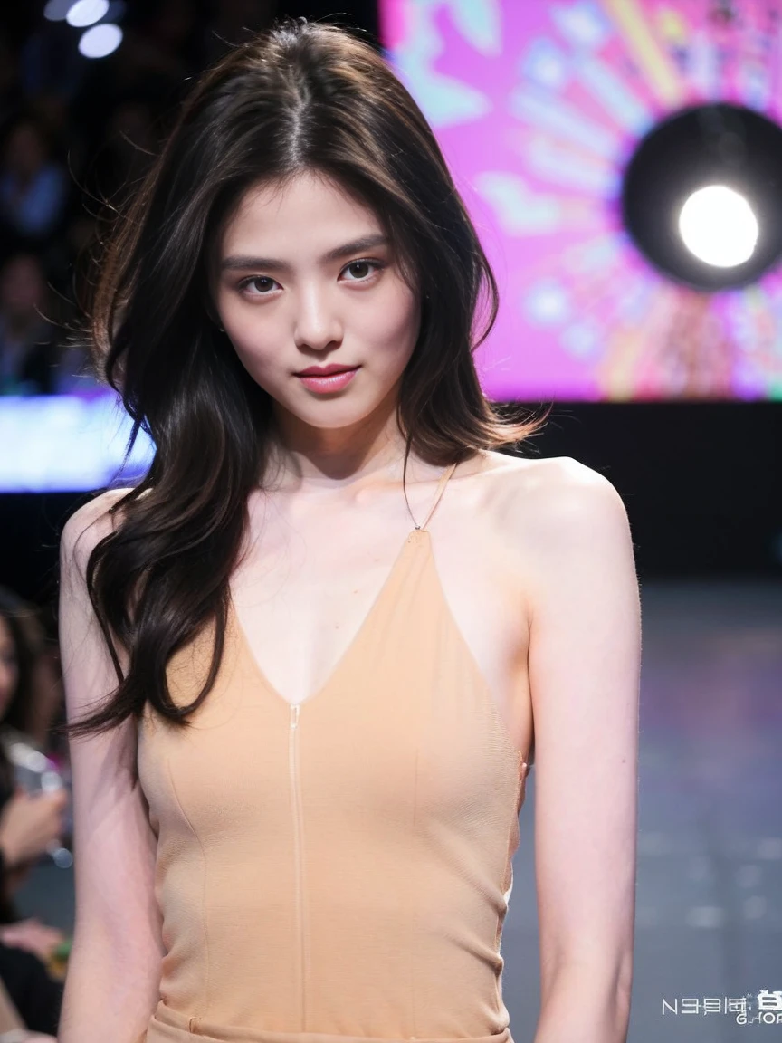 (8k, highest quality, ultra detailed:1.37), (Hana), 18yo, (a South Korean fashion model), struts confidently on the runway during a prestigious fashion week event. Naked, nude, shiny nipple, show armpit, Hana's elegance and poise captivate the audience. The high-resolution image captures ultra-detailed realism, highlighting Hana's captivating eyes, flawless complexion, and fashionable hairstyle. The glamorous runway and stylish set design add to the visual appeal, creating a visually stunning representation of Hana's success in the fashion industry.