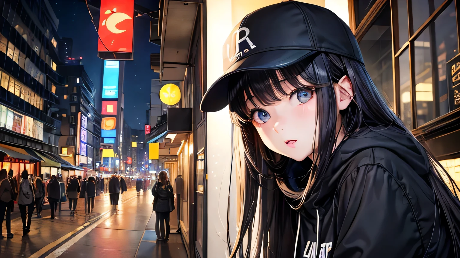 highest quality、masterpiece、Ultra-high resolution、Detailed and highest quality depiction of the upper body、(Realistic:1.4)、1 female、、The ultimate beauty、so beautiful, Shiny, Light、Long Hair、Bangs that cover the eyes、片Bangs that cover the eyes、Very large bright eyes、Eye highLights、Detailed and highest quality eye depiction、charm、large black hoodie、Plain black baseball cap、midnight、bustling street、Neon light、