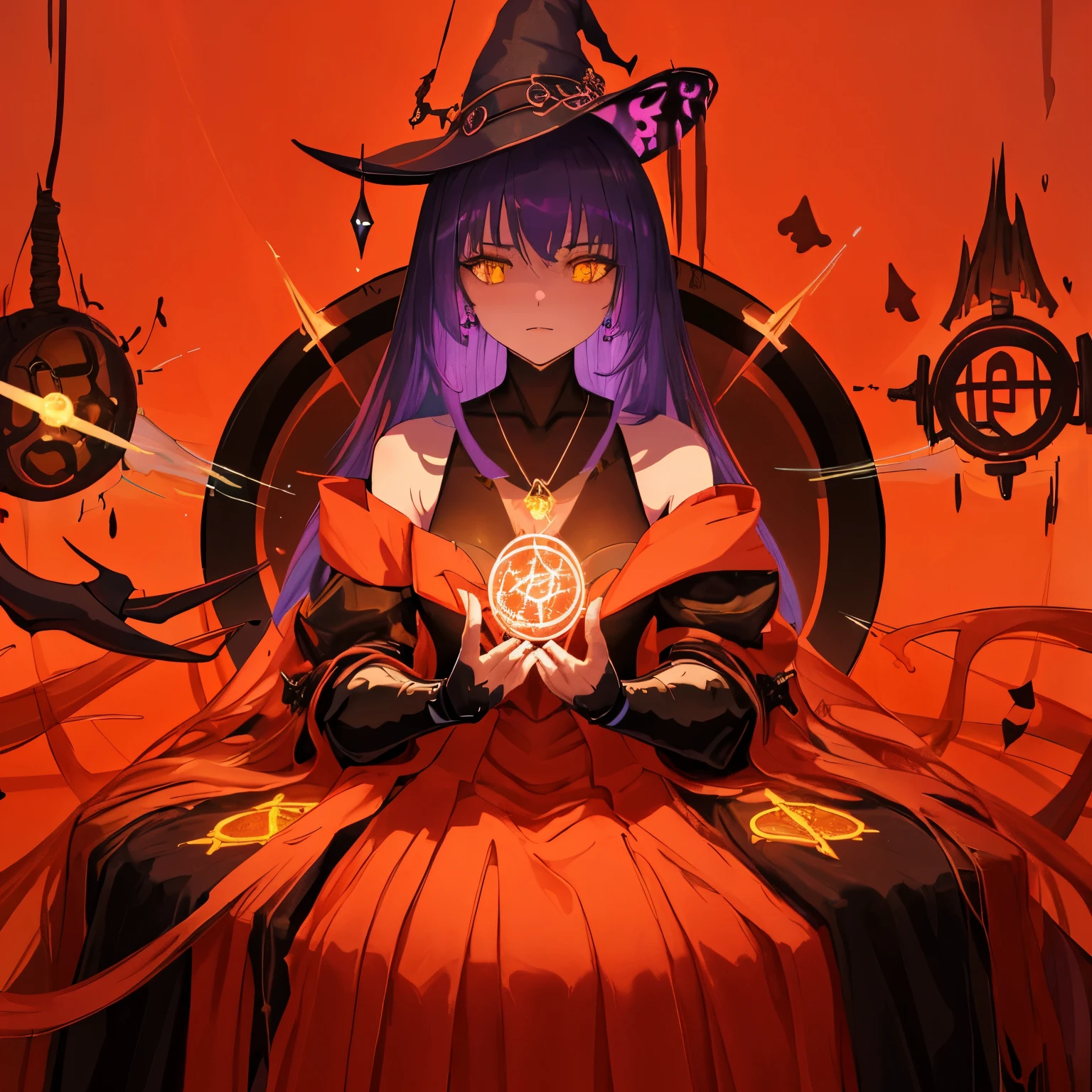 depicts a modern-day witch who has embraced the world of cybernetics to enhance her magical abilities. The artwork should convey the enchanting blend of traditional witchcraft and futuristic technology. Here are some specific elements to include:

The Witch's Lair: The setting should be a cozy yet slightly eerie room, filled with magical books, crystal balls, potion ingredients, and antique furnishings. The room should be dimly lit by candles and a soft, mystical glow emanating from her cybernetic enhancements.

The Cyborg Witch: The central focus of the artwork is the witch herself. She's a striking figure with a mix of traditional witch attire and cybernetic enhancements. Her clothing should have a witchy, occult aesthetic, with flowing robes, a pointed hat, and an intricate pentagram necklace. Her arms, however, have been upgraded with cybernetic components that incorporate magical symbols and glowing runes.

Magical Interface: The witch is in the midst of casting a spell, with a holographic, touch-screen interface floating before her. This interface includes spell incantations, arcane symbols, and digital components, demonstrating her fusion of magic and technology.

Spell Ingredients: On a nearby table, there should be a collection of spell ingredients, like herbs, potions, and magical artifacts. Some of these items may have been modified with cybernetic enhancements, blurring the line between the natural and the technological.

Familiar: The witch's familiar, perhaps a cat or raven, should be present in the scene, serving as her magical companion. The familiar could also have subtle cybernetic enhancements or glowing eyes.

Glowing Runes: The room should be adorned with ancient symbols and glowing runes on the walls and floor, contributing to the magical atmosphere.

Aetherial Lighting: Use a combination of mystical, ethereal lighting and cybernetic glows to create a captivating interplay of light and shadow. The contrast between the tradit