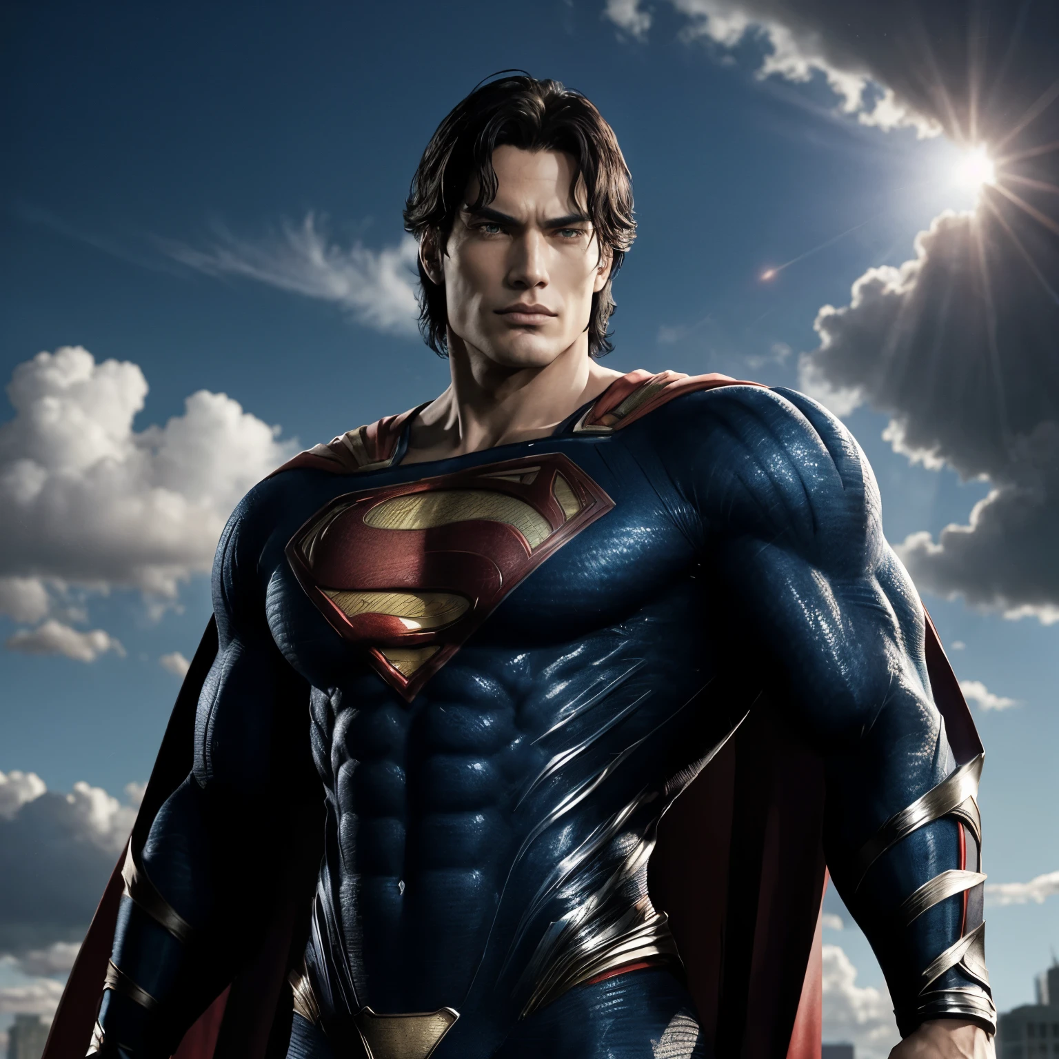 A captivating visual representation of Superman, the iconic superhero, showcases a chiseled face with dark, wavy hair that frames his strong jawline. His piercing blue eyes radiate kindness and determination, reflecting his unwavering commitment to justice. Superman's imposing physique is defined by his toned muscles, resulting from rigorous training and an unyielding dedication to maintaining peak condition. His confident posture amplifies his immense power and strength, emphasizing his status as a true protector of the world. Superman's attire, the iconic red and blue suit, adds a pop of color against the backdrop of a moody, slightly contrasted sky