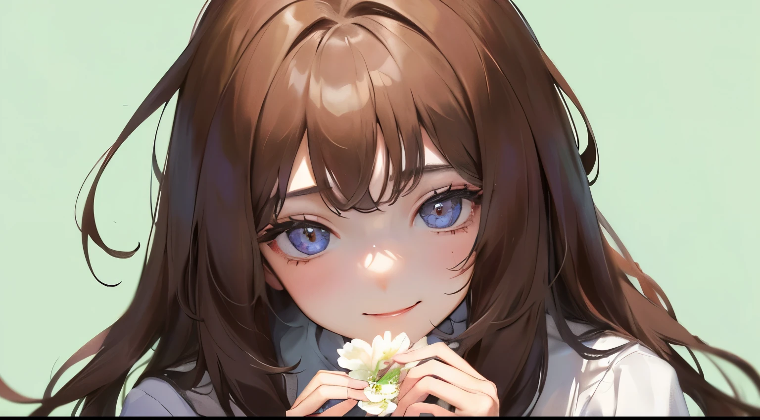 (((1 personの少女)))、((1 person)),Masterpiece,best quality, ((Shy smile))), ,(((Date)))、,((White blouse))、((Pastel background)),、((Holding a jasmine flower in hand)),determined expression, Upper body diagram、 (Highest Resolution、Clear_image)、Best Quality、Light and shadow contrast、((illumination))、Very detailed、Semi-realistic、Short hairstyle、Brown Hair、bangs、19 years old、　Lady,,young、((View from top))、Delicate Facial Features