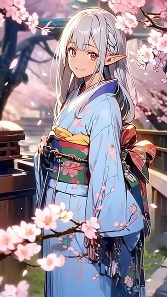 An elf woman, tanned brown skin, beautiful silver hair, pointed ears, beautiful red eyes, Japanese kimono, cherry blossoms, upper body depiction, friendly smile, lips open, upward gaze, looking at the viewer, 8K,