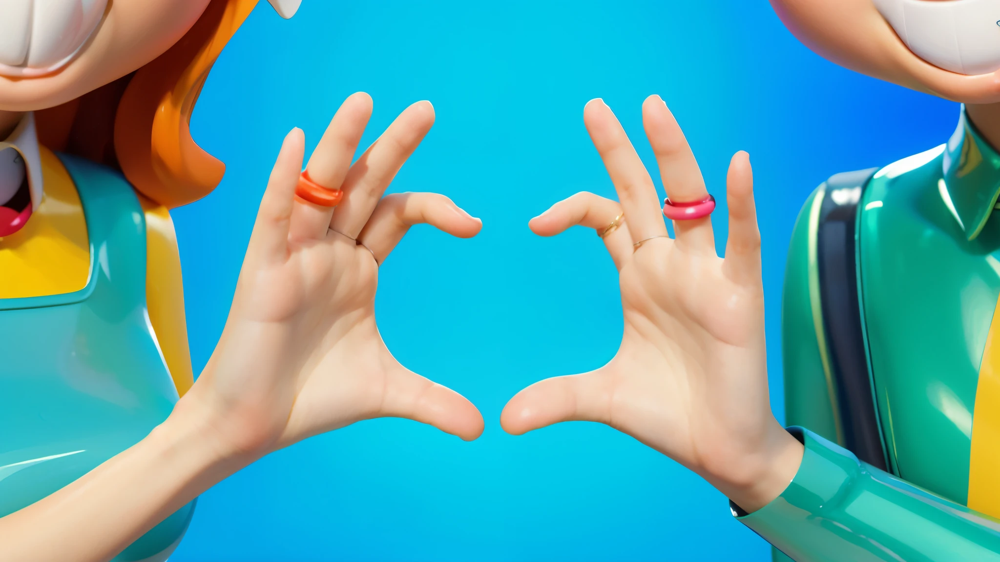 rings on fingers of a cartoon character standing next to each other, Electricsbunny, Holographic creatures, Beeple and Jeremiah Ketner, 🐋 as 🐘 as 🤖 as 👽 as 🐳, Rabbids at a metal concert, cute 3D rendering, 3D icon for mobile game, robot rabbit, Shiny metallic, 3D персонажи violet cat toy, toy cat laying on glossy metalic floor, glossy texture, smooth 3d model, multiple light sources, rim light, sharp post effects render, (glossy metallic texture with multiple big light probe refractions), perfect cgi, cgi art created only with gradients, smooth silhouette, high intensity refraction, (super glossy chrome material), most beautiful vfx, blue background, chrome metal refractions