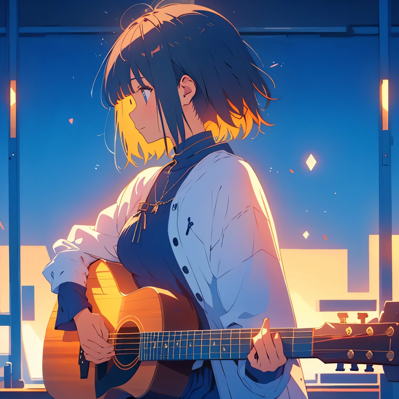 woman、short hair、profile、Long sleeve、Acoustic guitar