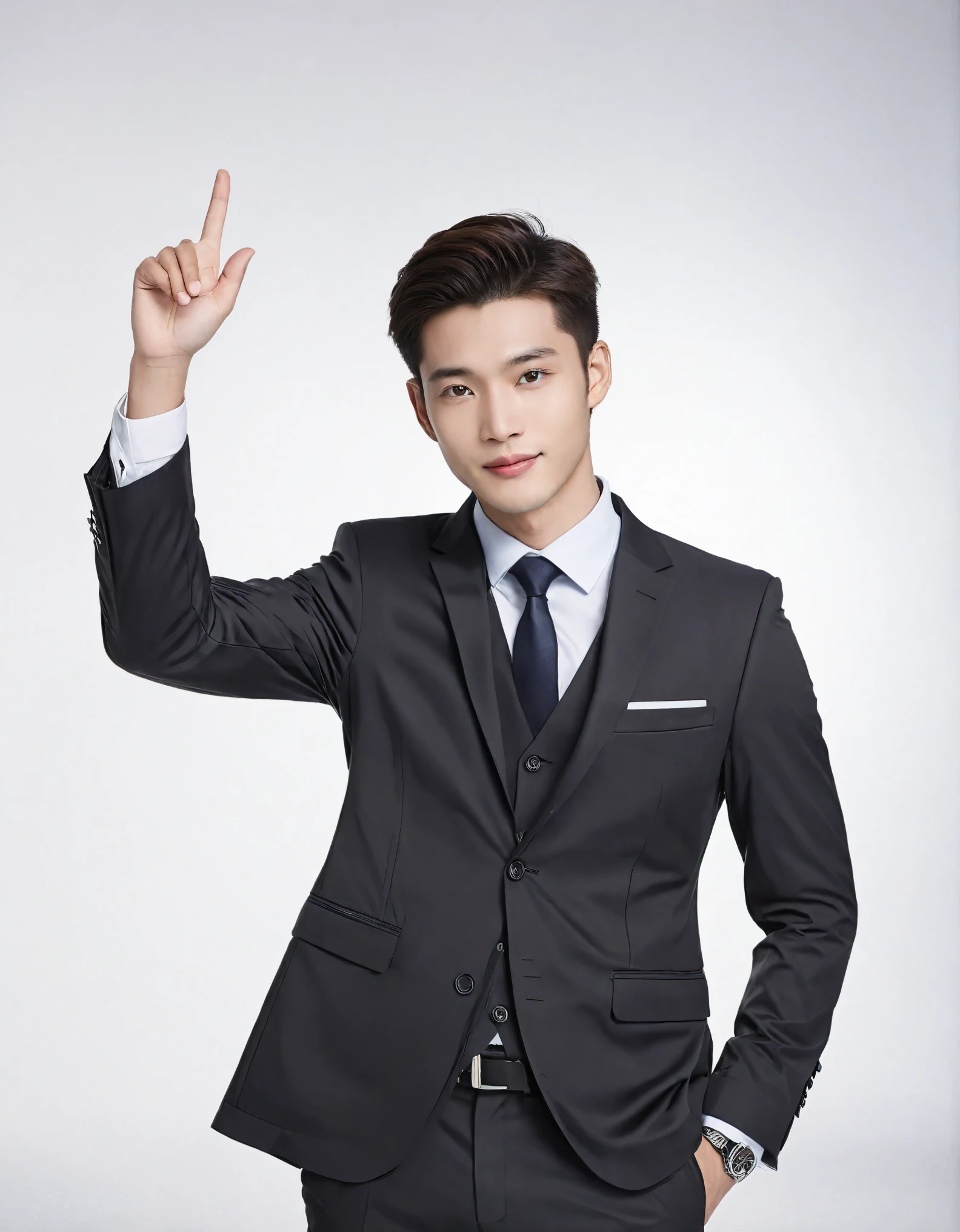 Render an image of a young Asian businessman wearing a sleek black suit, with his thumb confidently raised in a gesture of approval or agreement. The background should be minimalistic, featuring a mix of white and grey tones to emphasize a professional and corporate setting. This Chinese young man’s pose combines elements of a graduation photo and a skincare brand photoshoot, with a journalistic touch of authenticity. The composition should give off a real-life image vibe, encapsulating the essence of a modern, successful professional. The focus is on capturing his confident demeanor and stylish appearance, reflecting the intersection of academic achievement and corporate success.