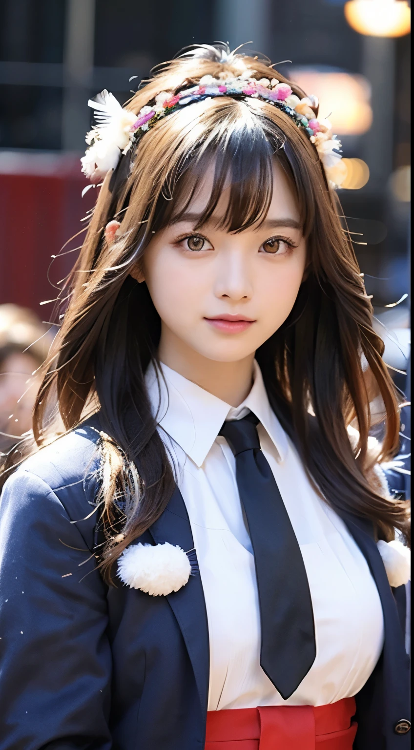 masterpiece、1 beautiful girl、Detailed face、Detailed eyes、Detailed skin、Detailed hand、highest quality、Brightly lit from the front、Professional Lighting、Look straight ahead、The background is a bit blurred、The costumes are idol costumes like AKB48(checked short skirt、Jacket feather hair accessory、Cute Ties)、Trendy Korean cosmetics、Great smile、Dance on live stage、
Part of the costume and hair accessories are red、
Hairstyle: Long hair、
Age: 、
Spread your left arm wide、
