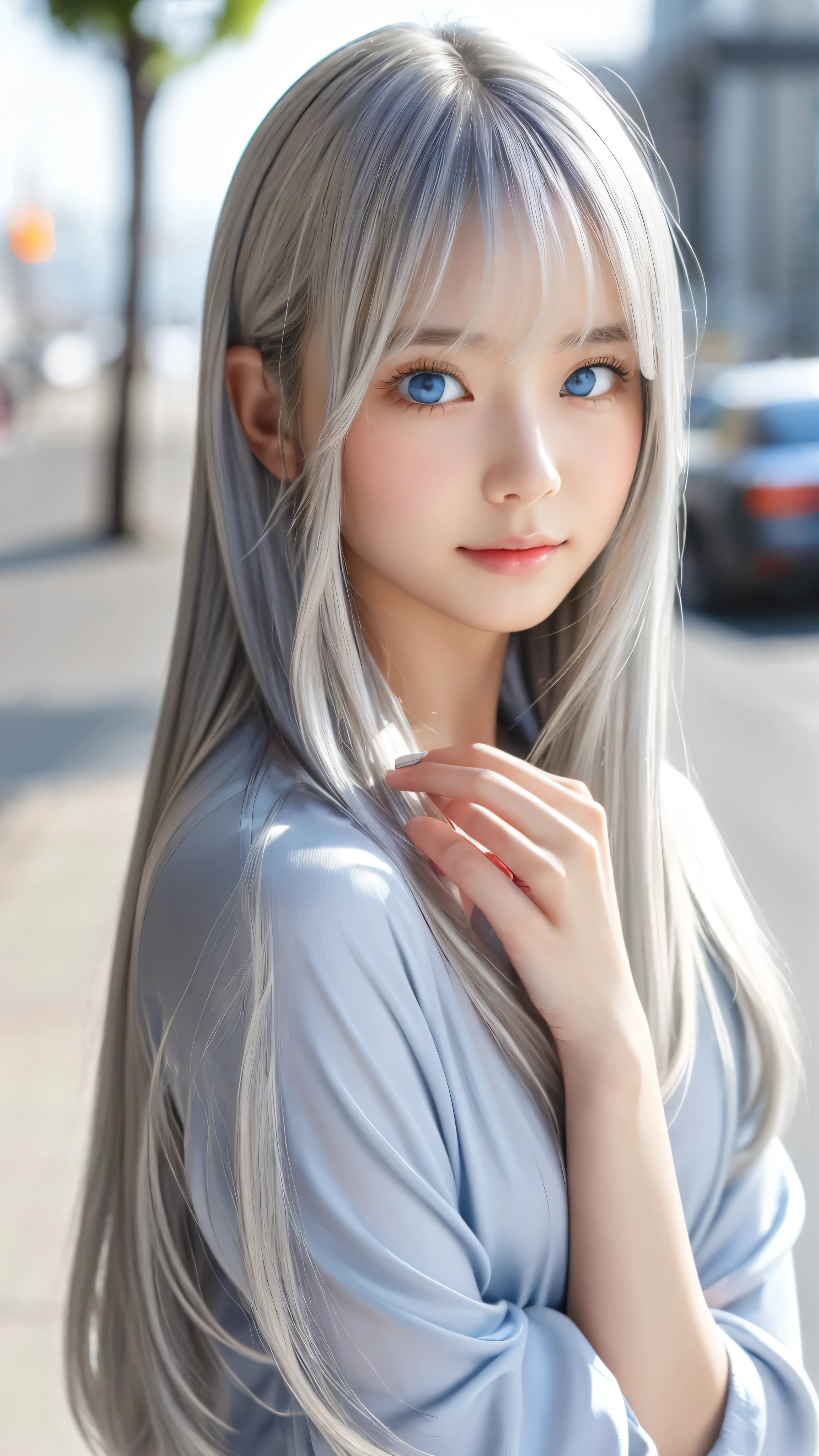 Shining, clear, white skin、Her windblown silver hair hides her beautiful face.、huge、Sexy beautiful face of 28 years old、Beautiful straight hair that stands out、growing up, Sparkling light blue eyes、Sexy long silky bangs covering the eyes, Sexy young woman with super long hair hiding her sexy face、Shining silver hair、(((Sexy Woman)))