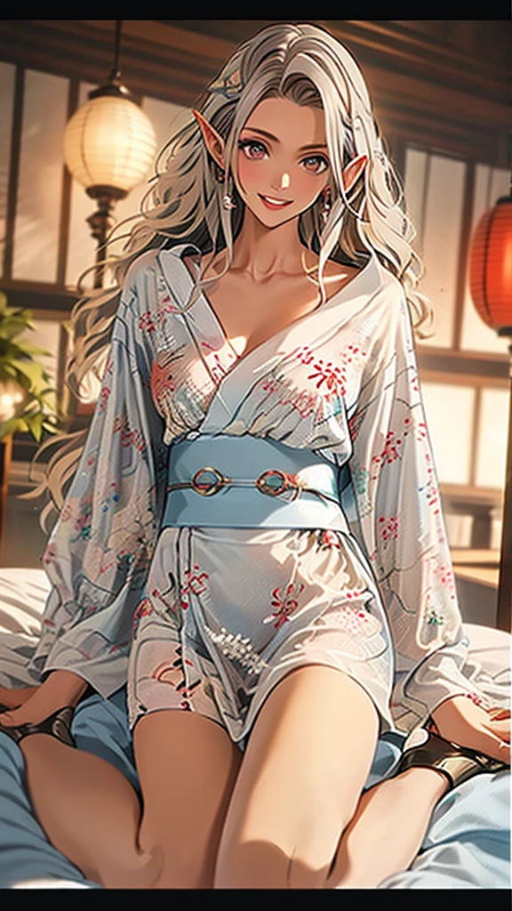 An elf woman, tanned brown skin, beautiful silver hair, pointed ears, beautiful red eyes, Japanese kimono, cherry blossoms, upper body depiction, friendly smile, lips open, upward gaze, looking at the viewer, 8K,