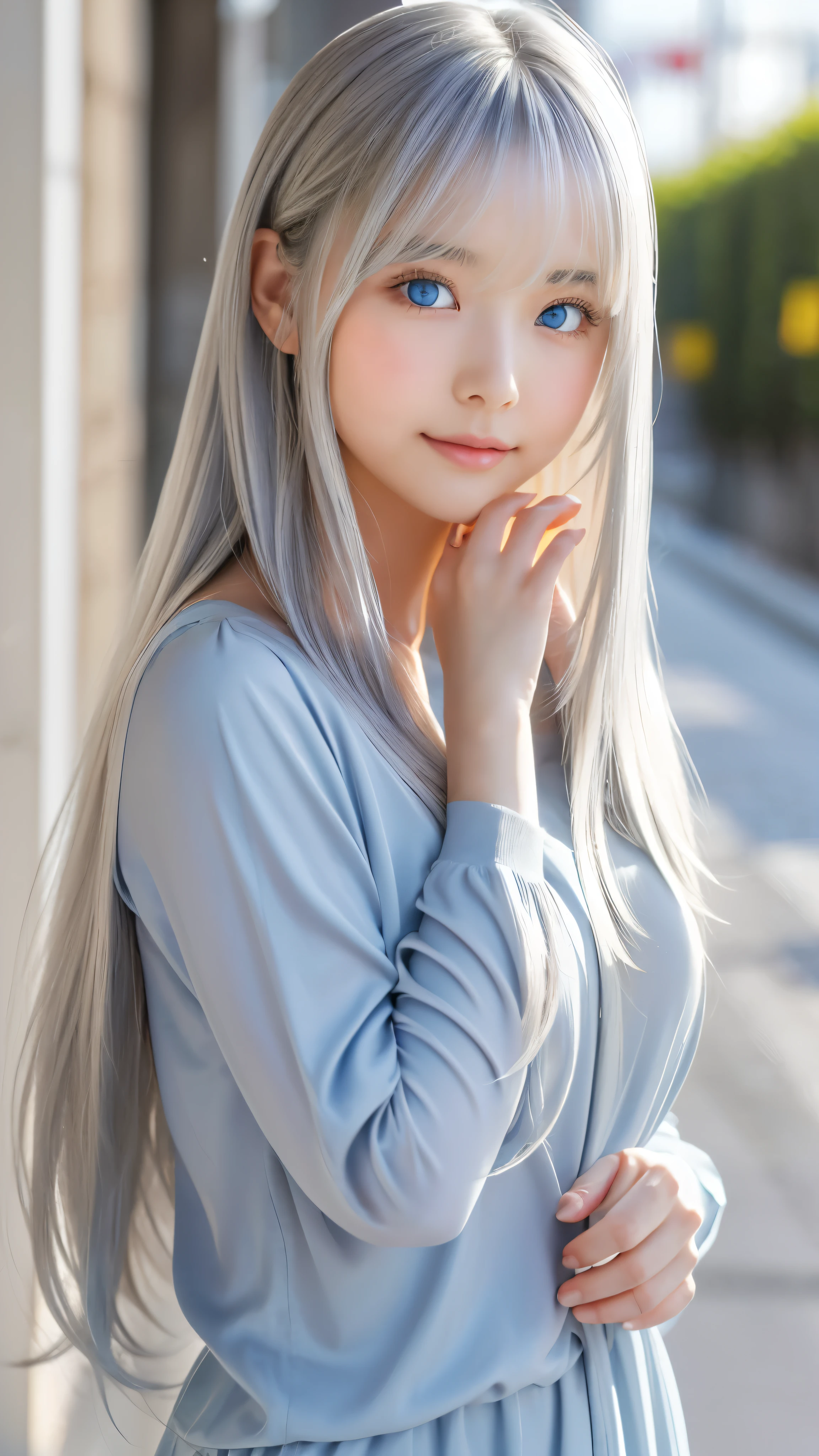 Shining, clear, white skin、Her windblown silver hair hides her beautiful face.、huge、Sexy beautiful face of 28 years old、Beautiful straight hair that stands out、growing up, Sparkling light blue eyes、Sexy long silky bangs covering the eyes, Sexy young woman with super long hair hiding her sexy face、Shining silver hair、(((Sexy Woman)))
