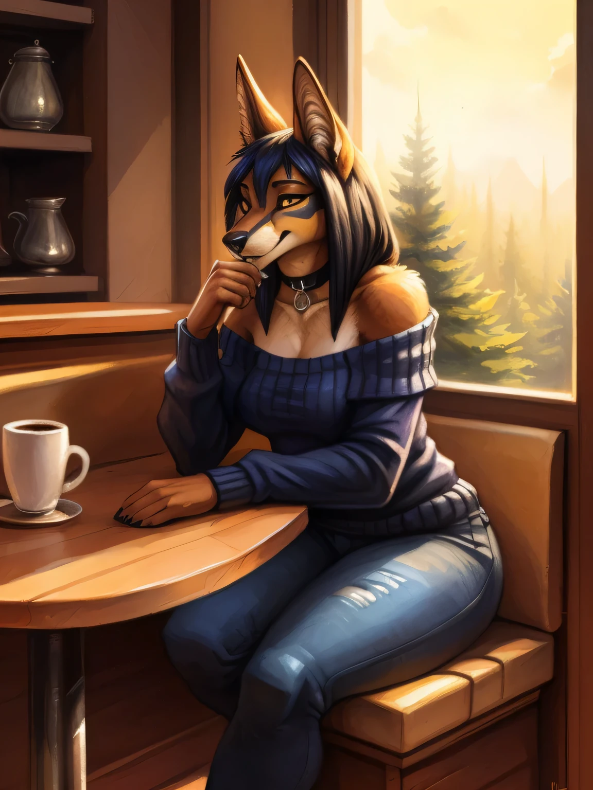 Anubis, anubian jackal, by Zackary911, by Kenket, by Kilinah, by fluff-kevlar, (masterpiece), (best quality), (anthro furry:1.3, snout:1.2, anthro:1.3, furry:1.2, solo female:1.2), (extremely detailed:1.3), (extremely detailed eyes), (extremely detailed mouth), (muscular figure, thick figure), (wide hips), (thick thighs), black jeans, choker, wearing an off-shoulder sweater, day time, (coffee shop background), sitting in a booth, (perfect posture, king expression),