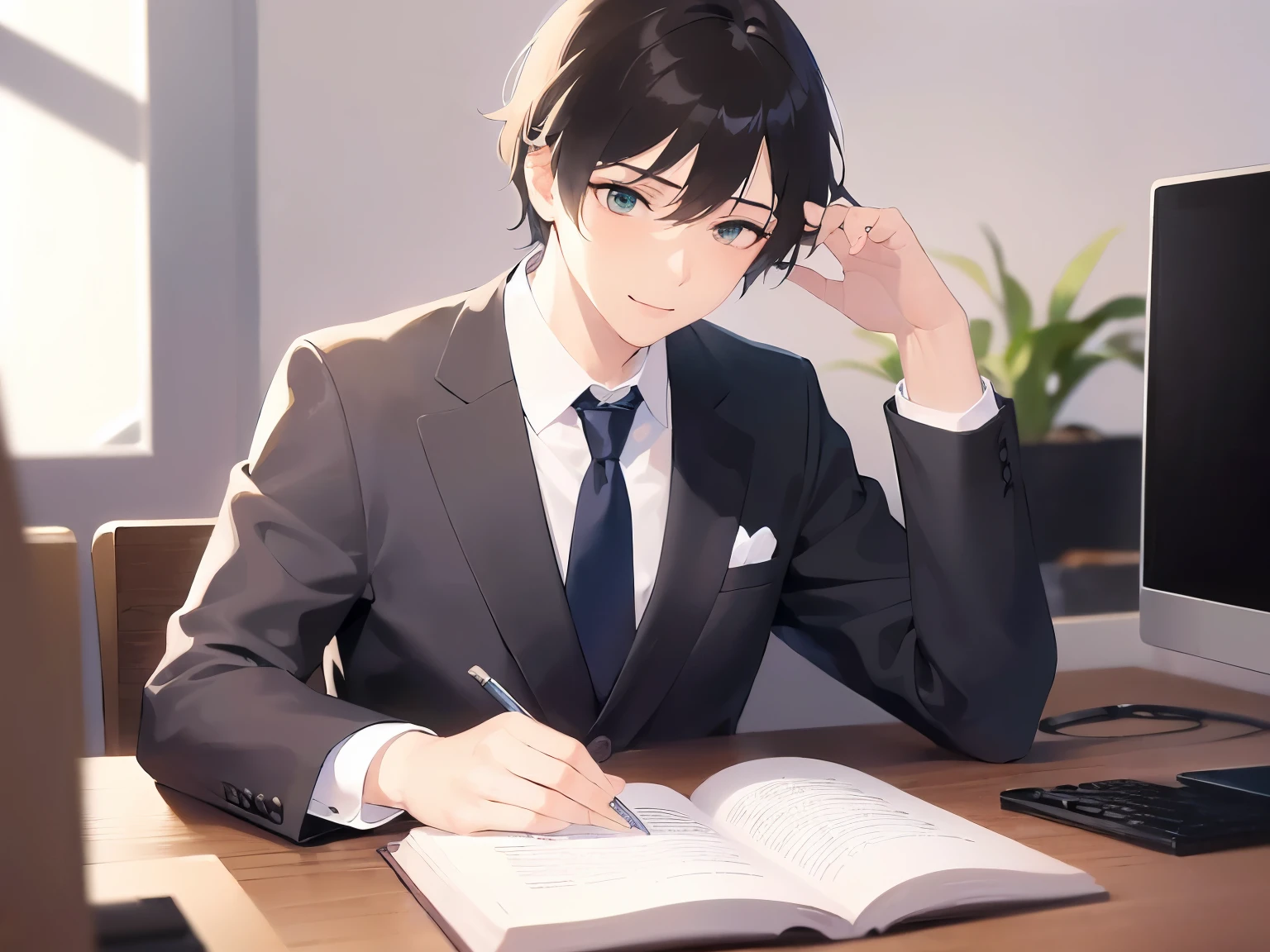 (looking away:1.5)、masterpiece、highest quality、(25-year-old male:1.5) and (Brown short hair) and (Green Eyes), (Wearing a suit:1.3) and (White shirt) and (Blue tie)、Sitting、smile、The background is the office、(Alone:1.5)、Upper body is shown、computer
