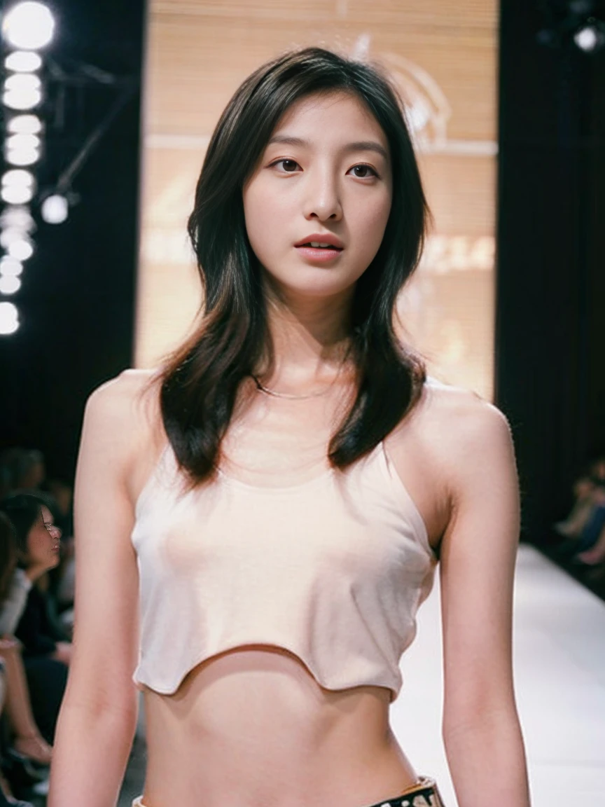 (8k, highest quality, ultra detailed:1.37), (Hana), 18yo, (a South Korean fashion model), struts confidently on the runway during a prestigious fashion week event. Naked, nude, shiny nipple, show armpit, Hana's elegance and poise captivate the audience. The high-resolution image captures ultra-detailed realism, highlighting Hana's captivating eyes, flawless complexion, and fashionable hairstyle. The glamorous runway and stylish set design add to the visual appeal, creating a visually stunning representation of Hana's success in the fashion industry.