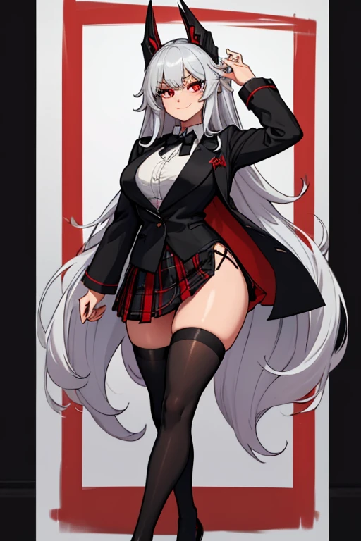 female, silver long hair with black highlights, red eyes, (((1girl))), (((red high school blazer with black trim))), (white shirt), (black tie), (black plaid skirt), (white thigh high socks), (black dress shoes), cute and sexy, full body, large breasts, large butt, long legs, smiling