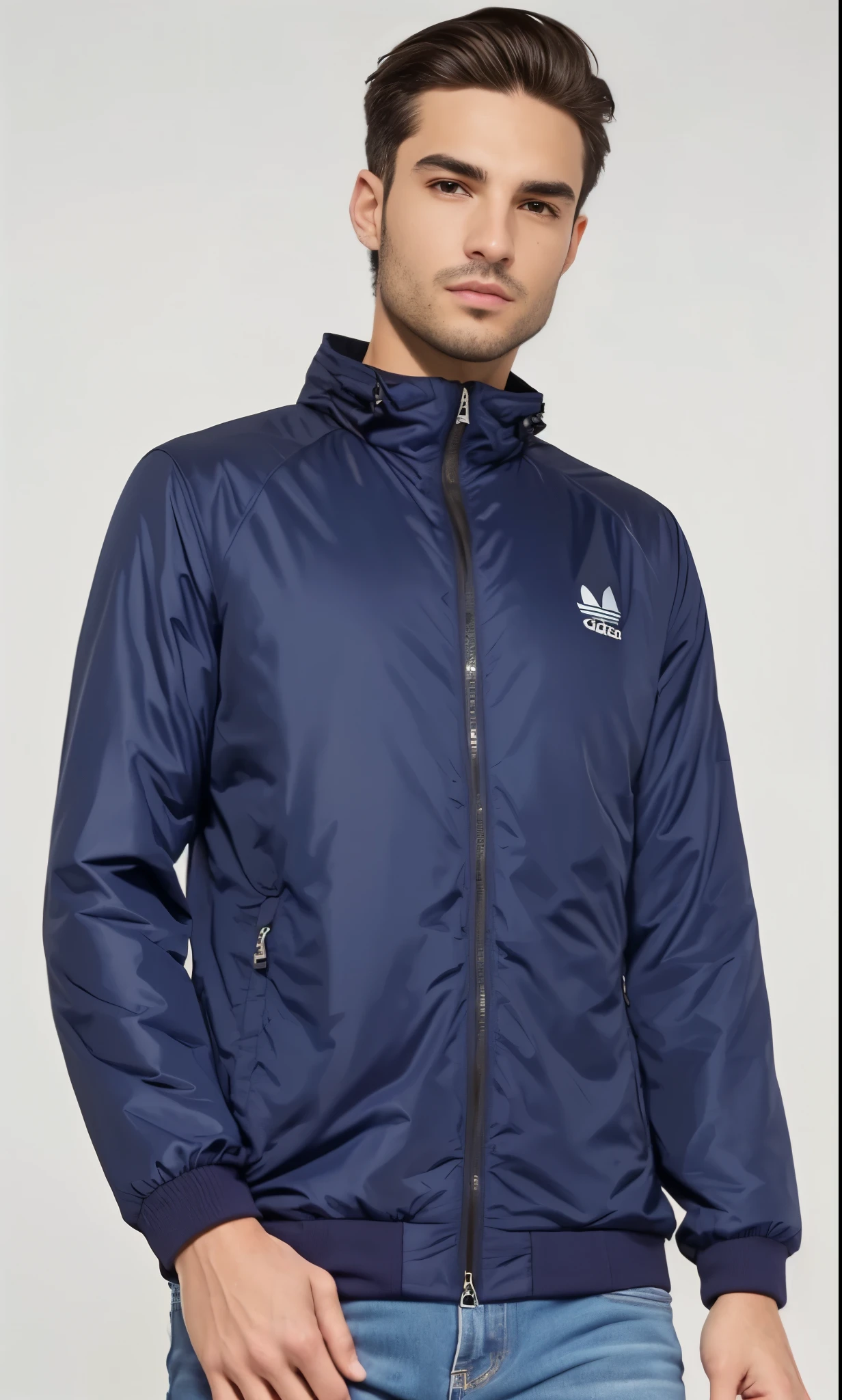 a man in a Jaqueta azul and jeans stands against a white background, Jaqueta azul, jaqueta esportiva, roupas esportivas, wearing Jaqueta azul, wearing a Jaqueta azul, roupas esportivas, man in adidas fato de treino, Parka Azul, fato de treino, foto de perfil, vestindo um moletom azul, 🔥 😎 🕹️ 👀, record jacket, harmony Jaqueta azul